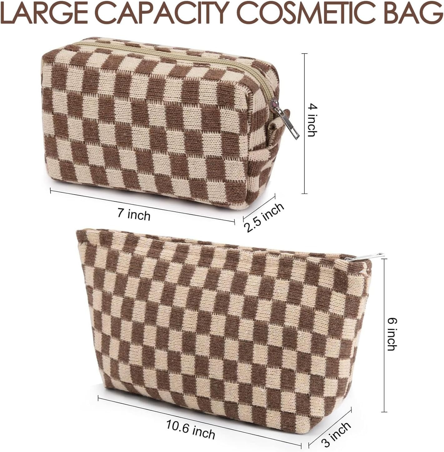 image:imageFammart Corduroy Makeup Bag Travel Cosmetic Bag Organizer Toiletry Bag Make Up Bags with Zipper amp Compartments for Women Girls 2PCSCheckered 2PCS Brown