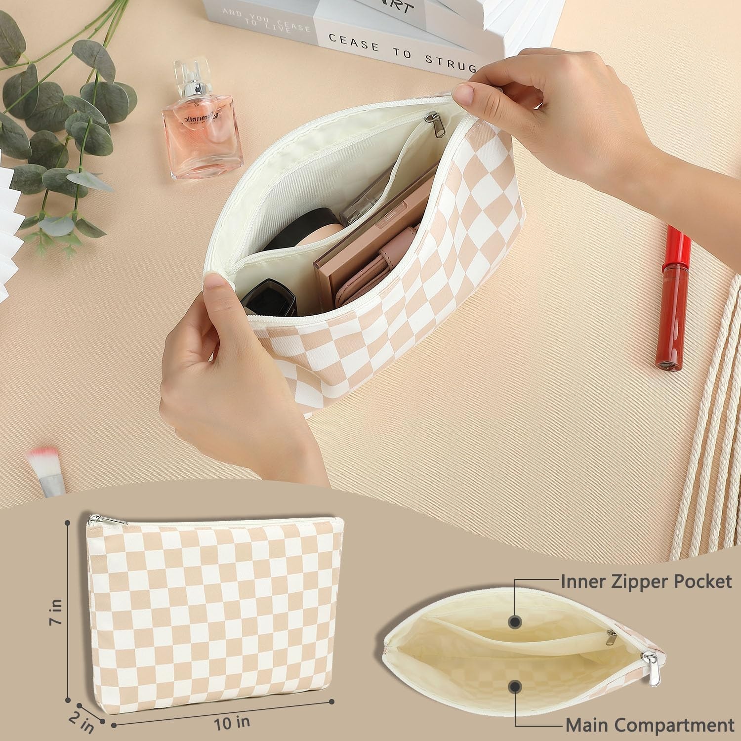 image:imageFammart Corduroy Makeup Bag Travel Cosmetic Bag Organizer Toiletry Bag Make Up Bags with Zipper amp Compartments for Women Girls 2PCSCheckered Khaki