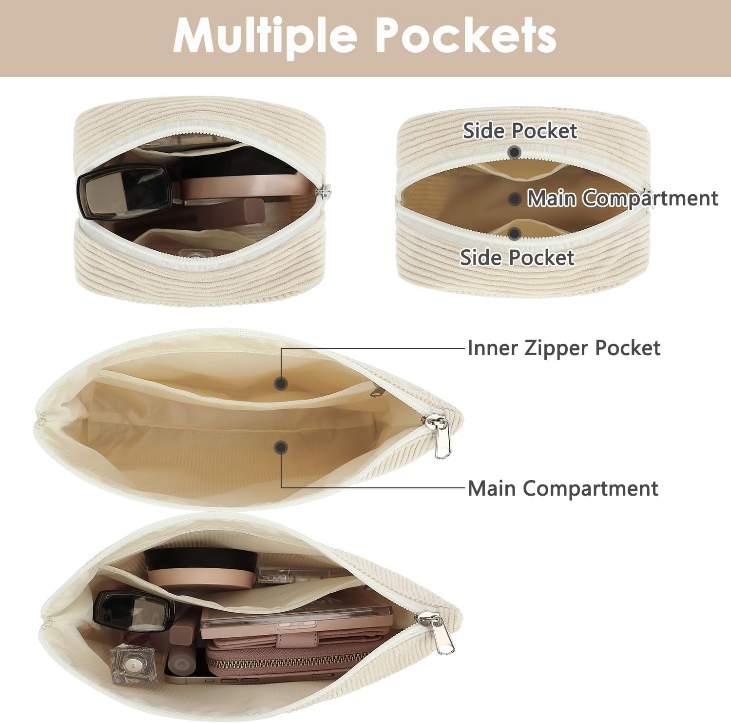 image:imageFammart Corduroy Makeup Bag Travel Cosmetic Bag Organizer Toiletry Bag Make Up Bags with Zipper amp Compartments for Women Girls 2PCSCorduroy 2PCS Beige