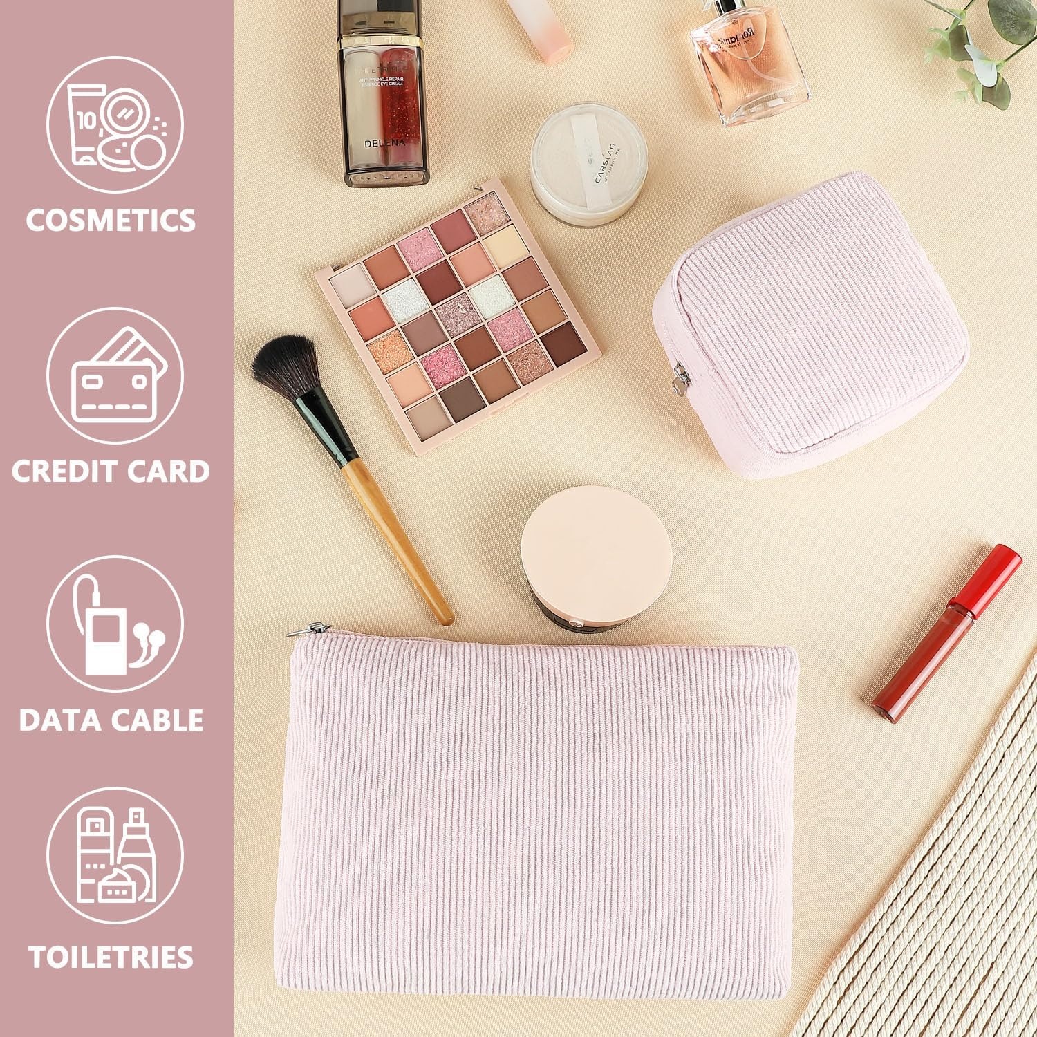 image:imageFammart Corduroy Makeup Bag Travel Cosmetic Bag Organizer Toiletry Bag Make Up Bags with Zipper amp Compartments for Women Girls 2PCSCorduroy 2PCS Pink