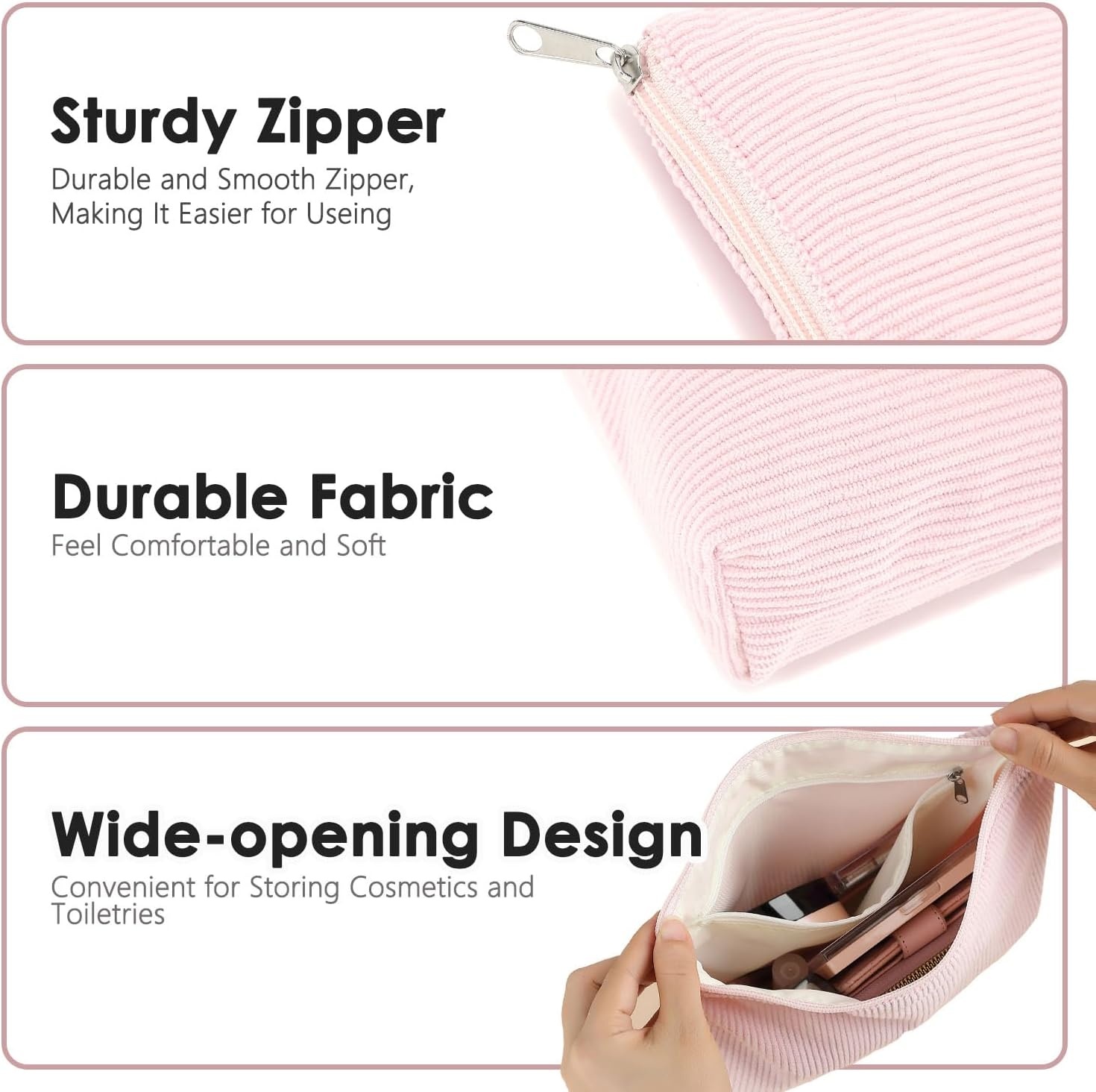 image:imageFammart Corduroy Makeup Bag Travel Cosmetic Bag Organizer Toiletry Bag Make Up Bags with Zipper amp Compartments for Women Girls 2PCSCorduroy 2PCS Pink