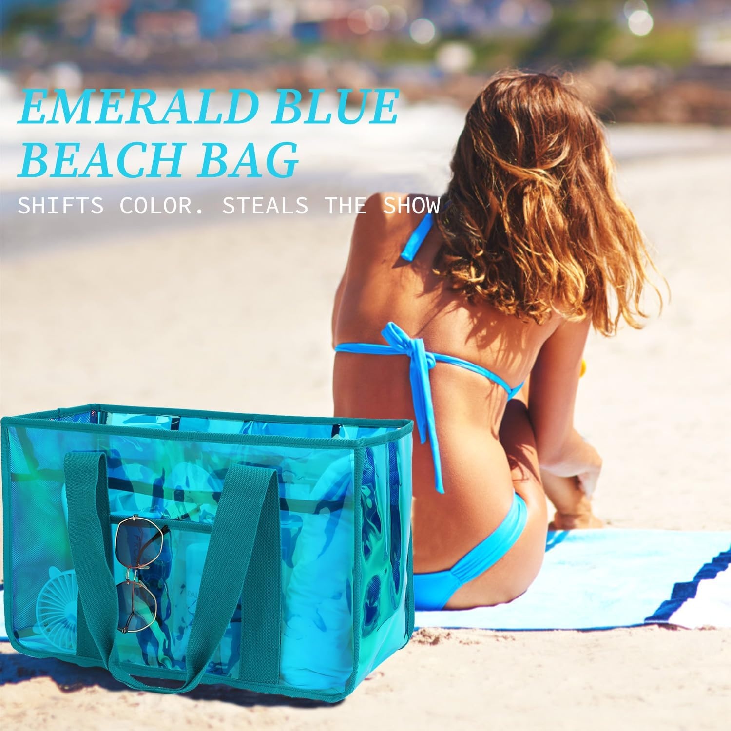 image:imageFammart Iridescent Clear Beach Bags Waterproof Sandproof for Women Large Jelly Tote Zipper Pool Bag Cruise Essentials 2026Large Iridesent Blue