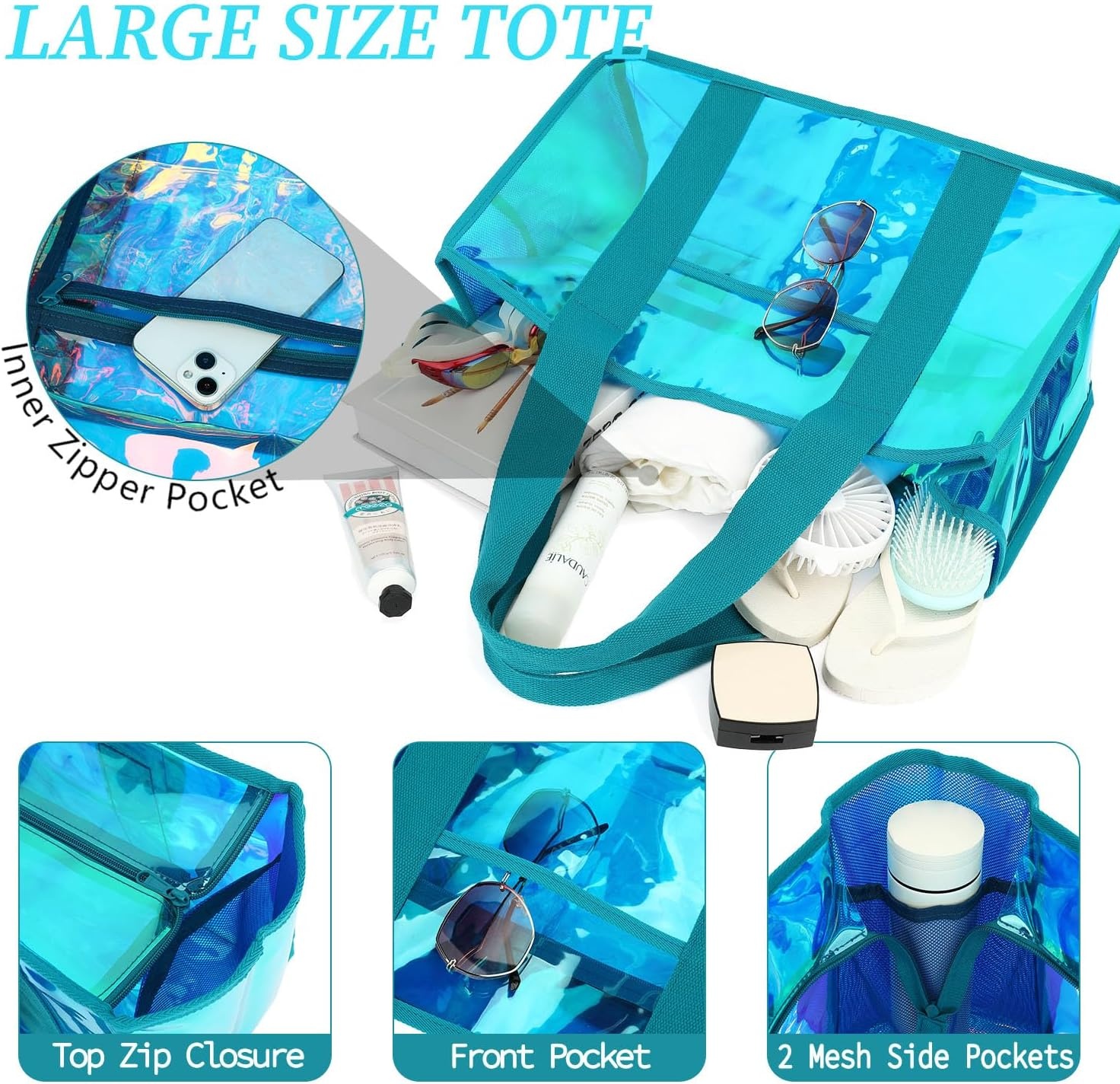 image:imageFammart Iridescent Clear Beach Bags Waterproof Sandproof for Women Large Jelly Tote Zipper Pool Bag Cruise Essentials 2026Large Iridesent Blue