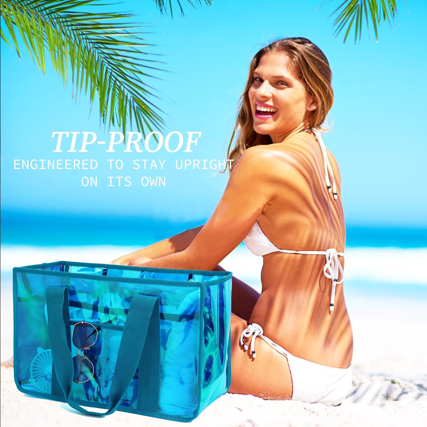 image:imageFammart Iridescent Clear Beach Bags Waterproof Sandproof for Women Large Jelly Tote Zipper Pool Bag Cruise Essentials 2026Large Iridesent Blue
