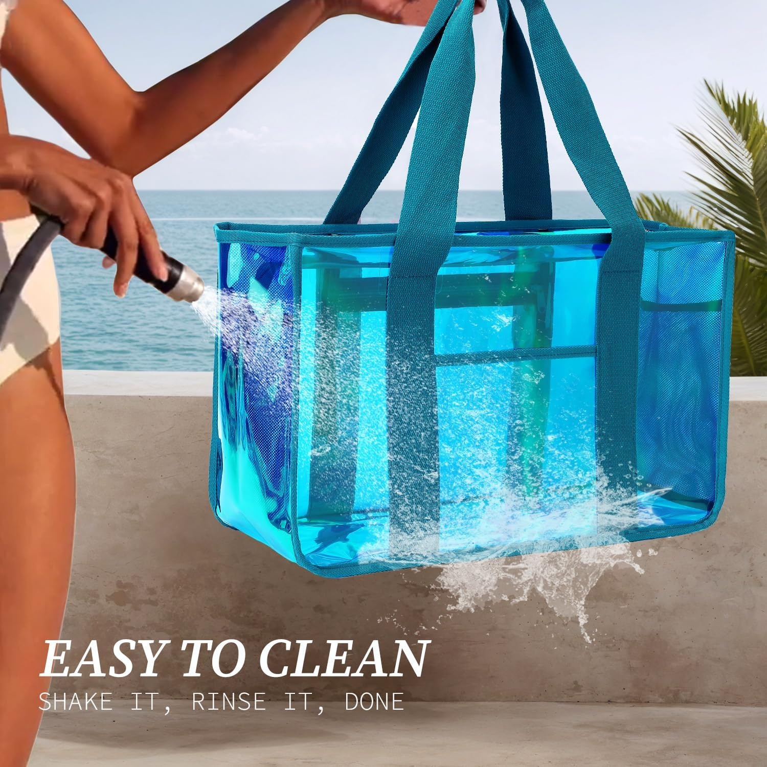 image:imageFammart Iridescent Clear Beach Bags Waterproof Sandproof for Women Large Jelly Tote Zipper Pool Bag Cruise Essentials 2026Large Iridesent Blue