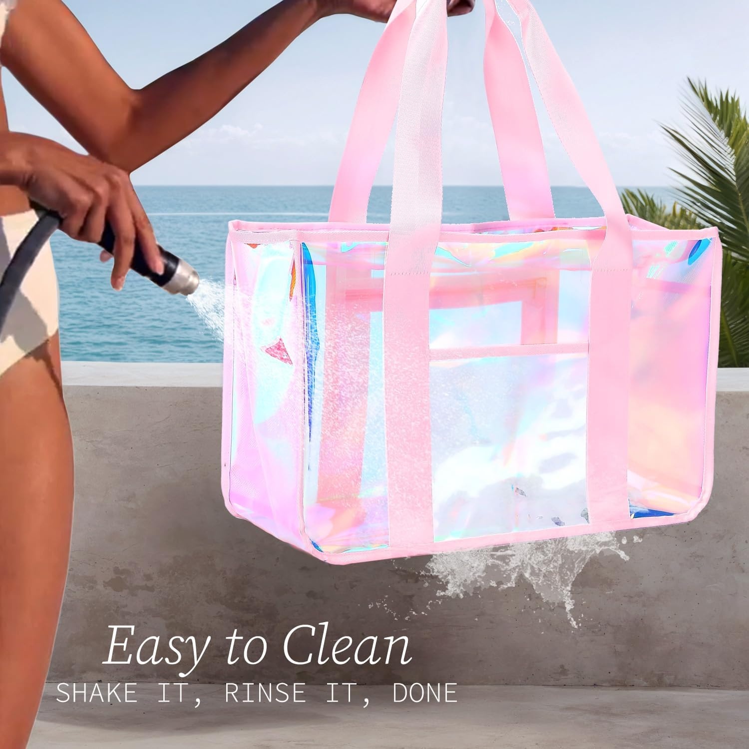 image:imageFammart Iridescent Clear Beach Bags Waterproof Sandproof for Women Large Jelly Tote Zipper Pool Bag Cruise Essentials 2026Large Iridesent Pink