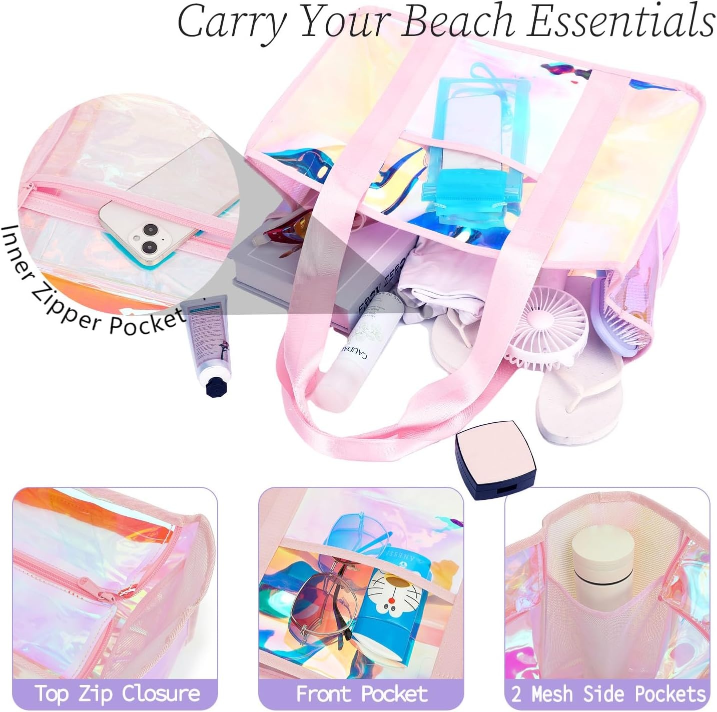 image:imageFammart Iridescent Clear Beach Bags Waterproof Sandproof for Women Large Jelly Tote Zipper Pool Bag Cruise Essentials 2026Large Iridesent Pink