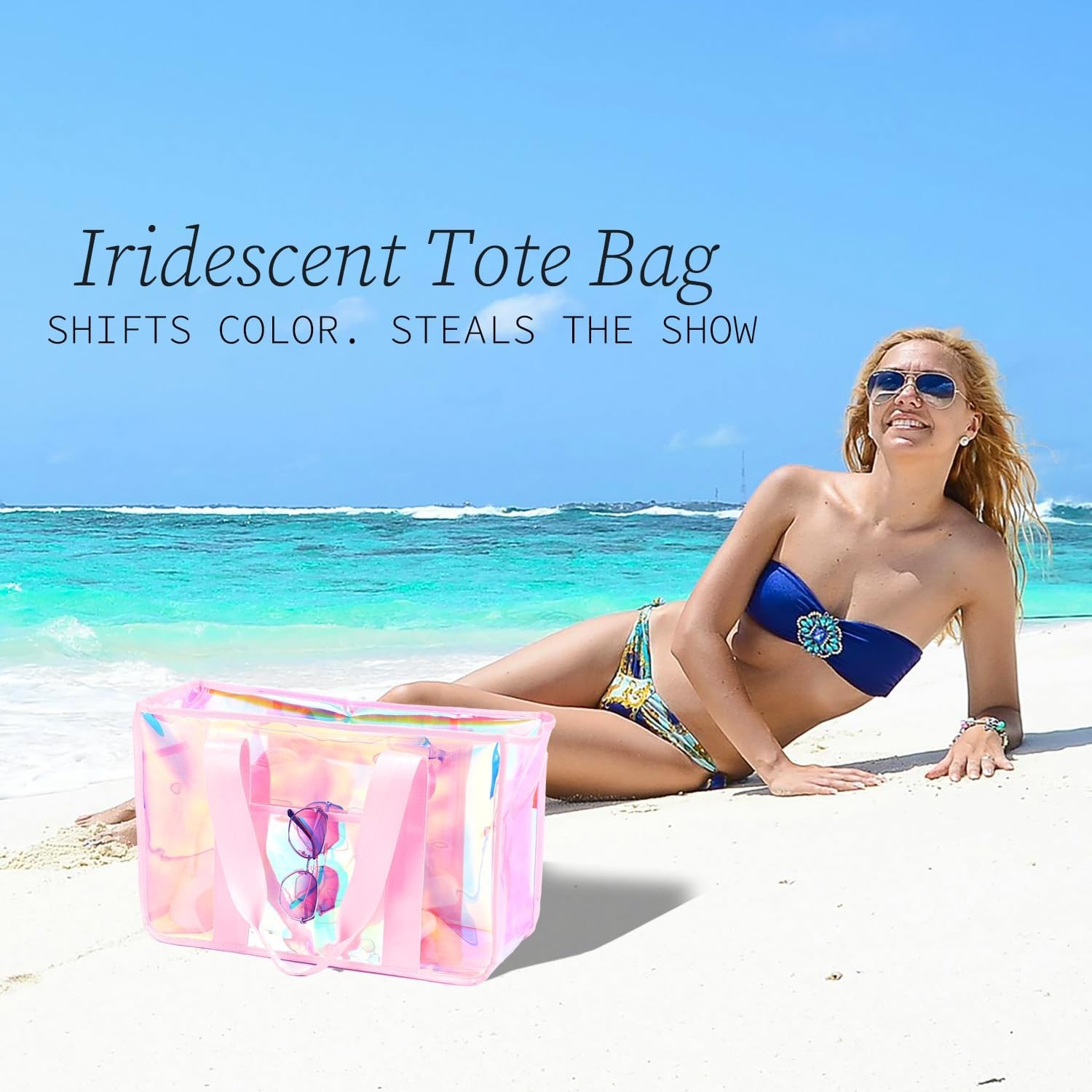 image:imageFammart Iridescent Clear Beach Bags Waterproof Sandproof for Women Large Jelly Tote Zipper Pool Bag Cruise Essentials 2026Large Iridesent Pink