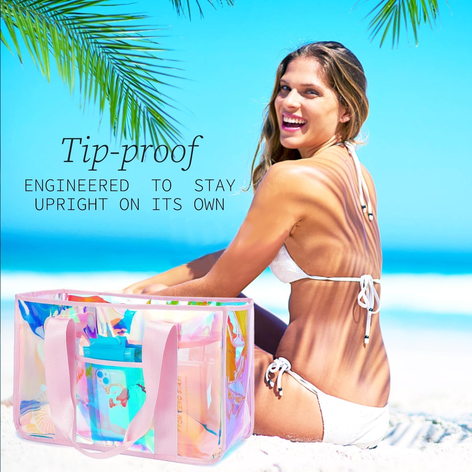 image:imageFammart Iridescent Clear Beach Bags Waterproof Sandproof for Women Large Jelly Tote Zipper Pool Bag Cruise Essentials 2026Large Iridesent Pink