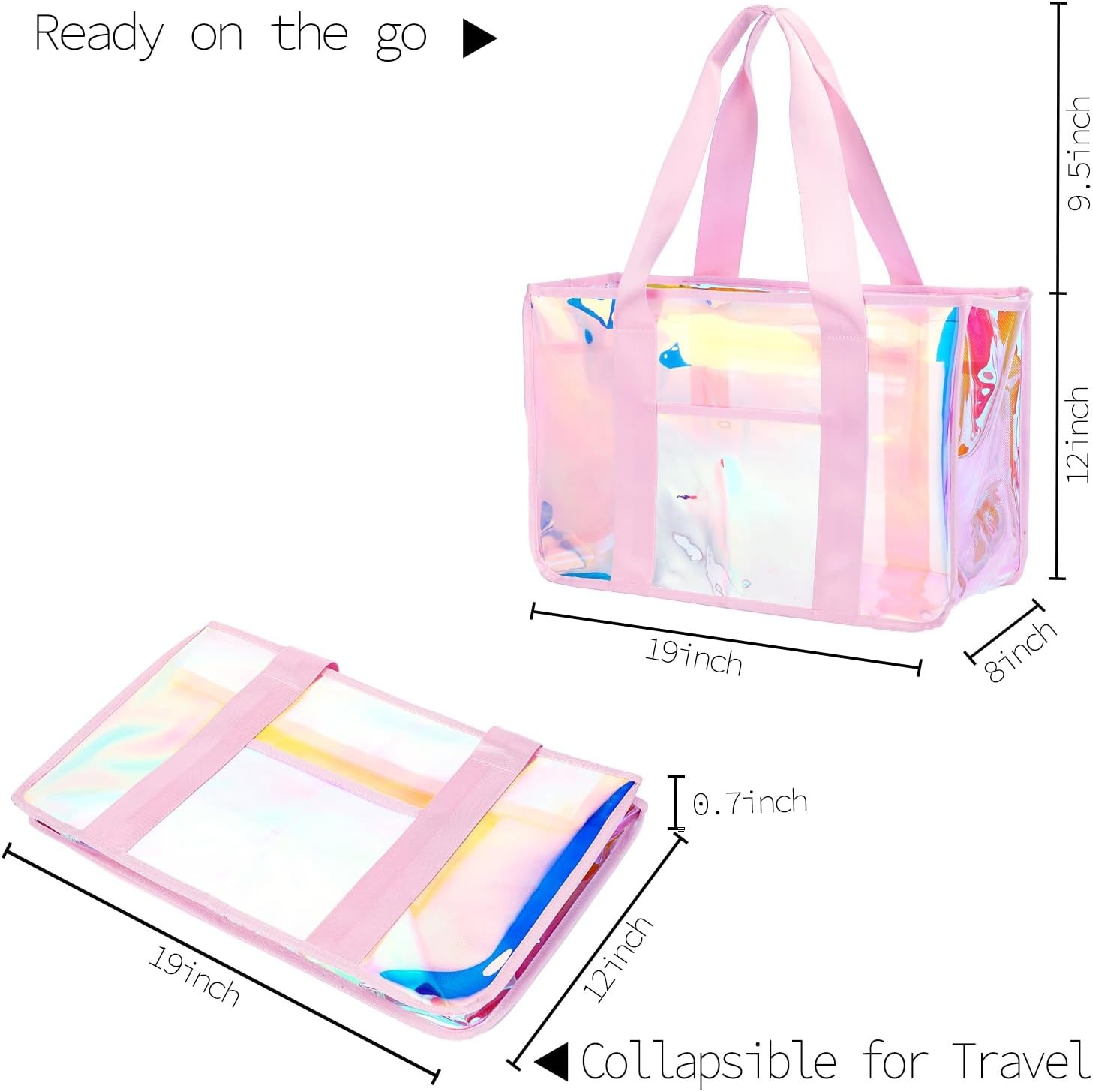 image:imageFammart Iridescent Clear Beach Bags Waterproof Sandproof for Women Large Jelly Tote Zipper Pool Bag Cruise Essentials 2026Large Iridesent Pink