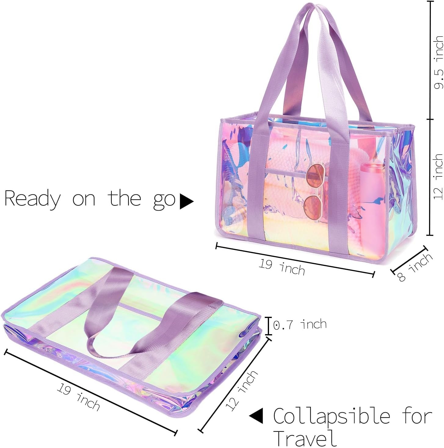 image:imageFammart Iridescent Clear Beach Bags Waterproof Sandproof for Women Large Jelly Tote Zipper Pool Bag Cruise Essentials 2026Large Iridesent Purple