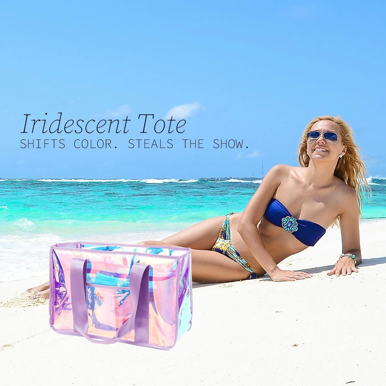 image:imageFammart Iridescent Clear Beach Bags Waterproof Sandproof for Women Large Jelly Tote Zipper Pool Bag Cruise Essentials 2026Large Iridesent Purple