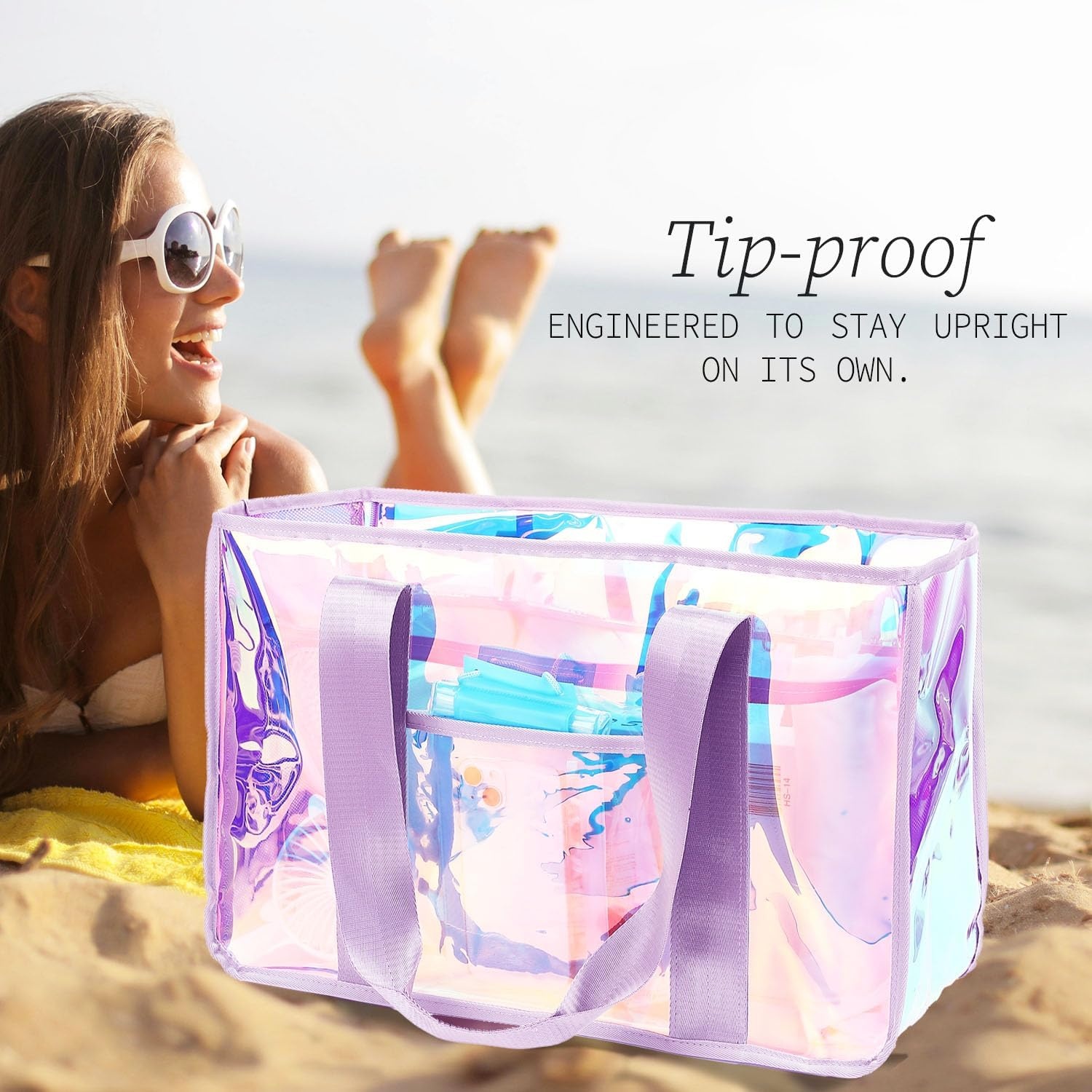 image:imageFammart Iridescent Clear Beach Bags Waterproof Sandproof for Women Large Jelly Tote Zipper Pool Bag Cruise Essentials 2026Large Iridesent Purple