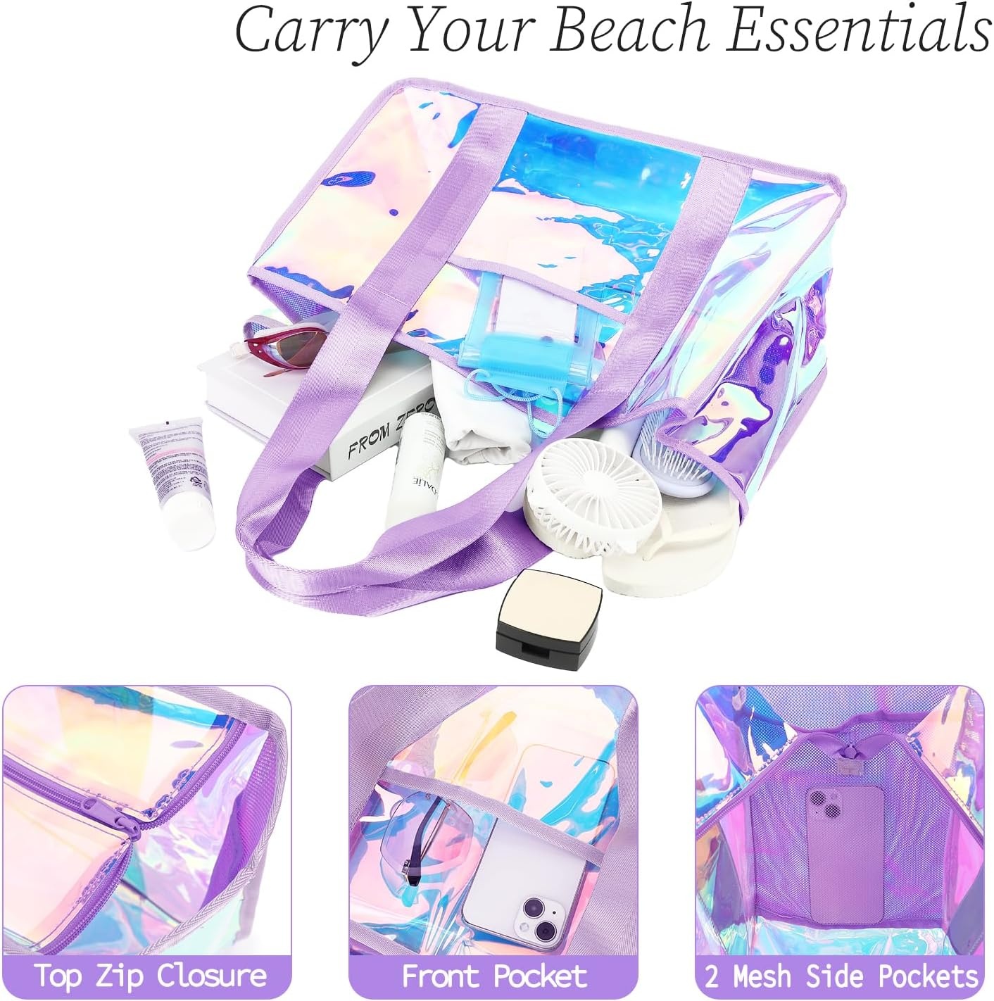 image:imageFammart Iridescent Clear Beach Bags Waterproof Sandproof for Women Large Jelly Tote Zipper Pool Bag Cruise Essentials 2026Large Iridesent Purple