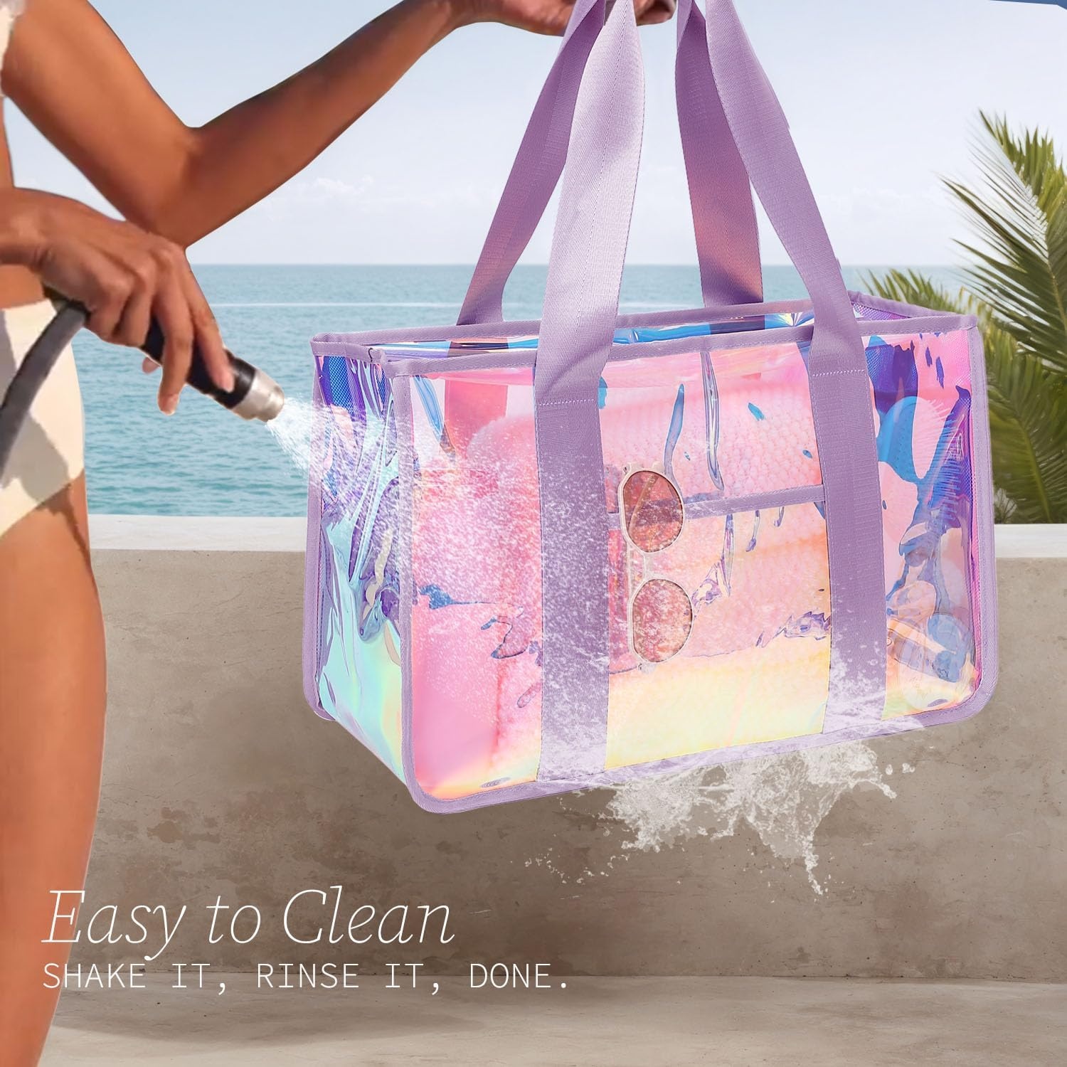 image:imageFammart Iridescent Clear Beach Bags Waterproof Sandproof for Women Large Jelly Tote Zipper Pool Bag Cruise Essentials 2026Large Iridesent Purple