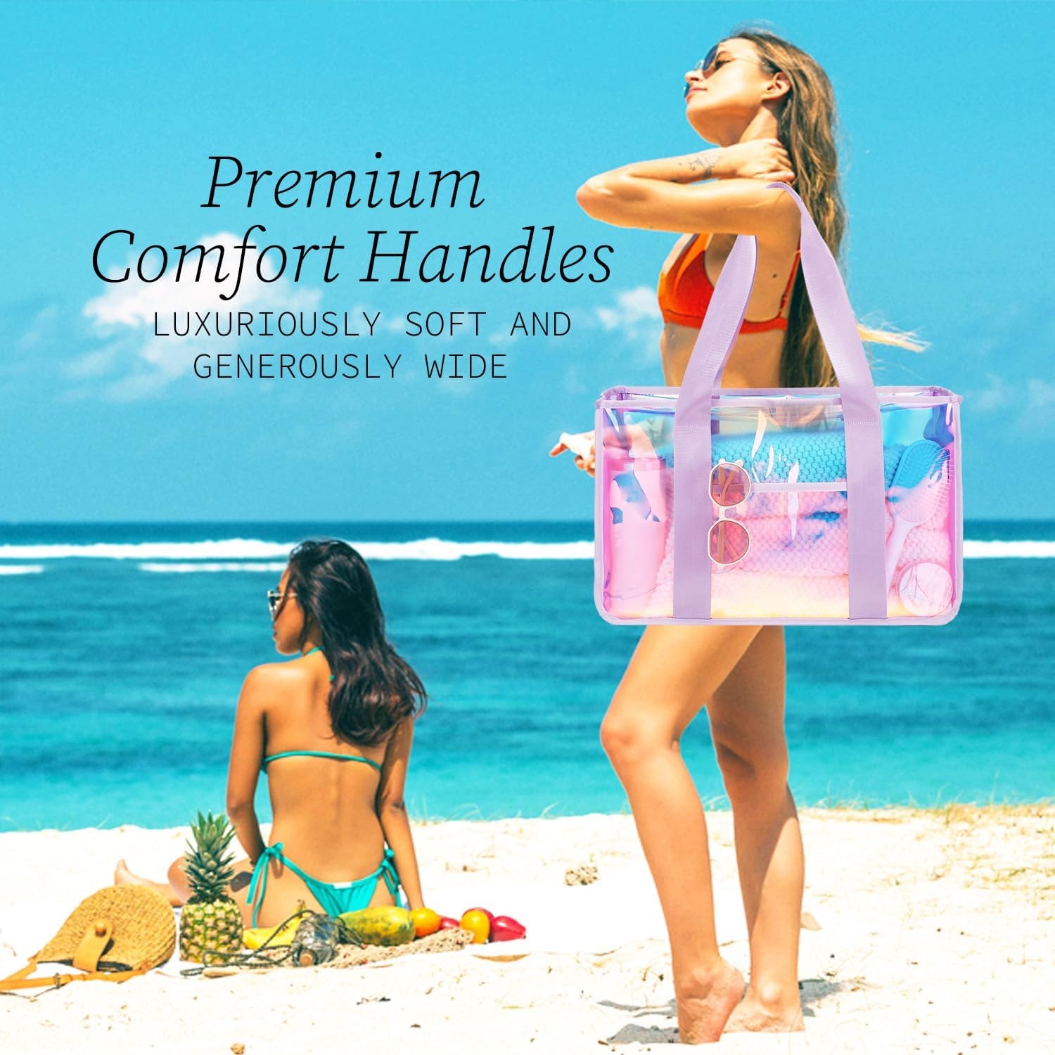 image:imageFammart Iridescent Clear Beach Bags Waterproof Sandproof for Women Large Jelly Tote Zipper Pool Bag Cruise Essentials 2026Large Iridesent Purple
