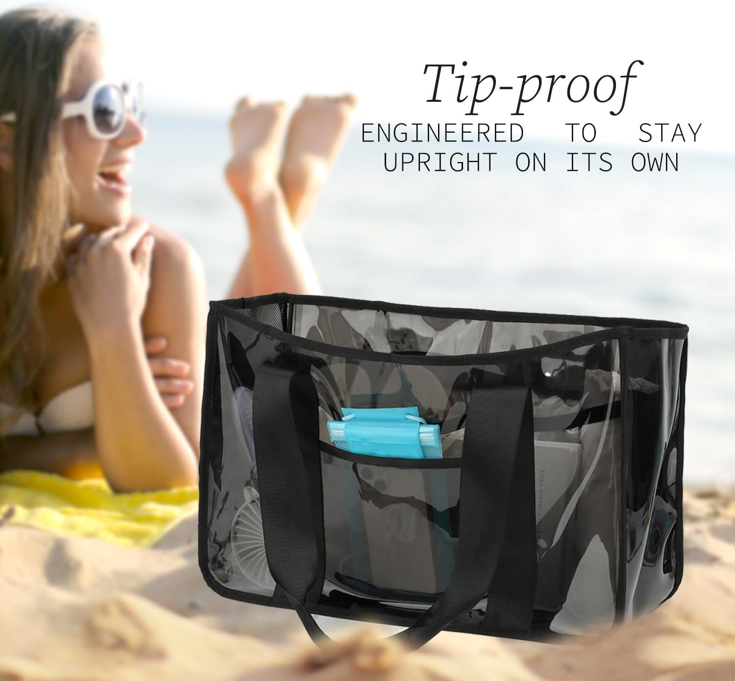 image:imageFammart Iridescent Clear Beach Bags Waterproof Sandproof for Women Large Jelly Tote Zipper Pool Bag Cruise Essentials 2026Large Jelly Black