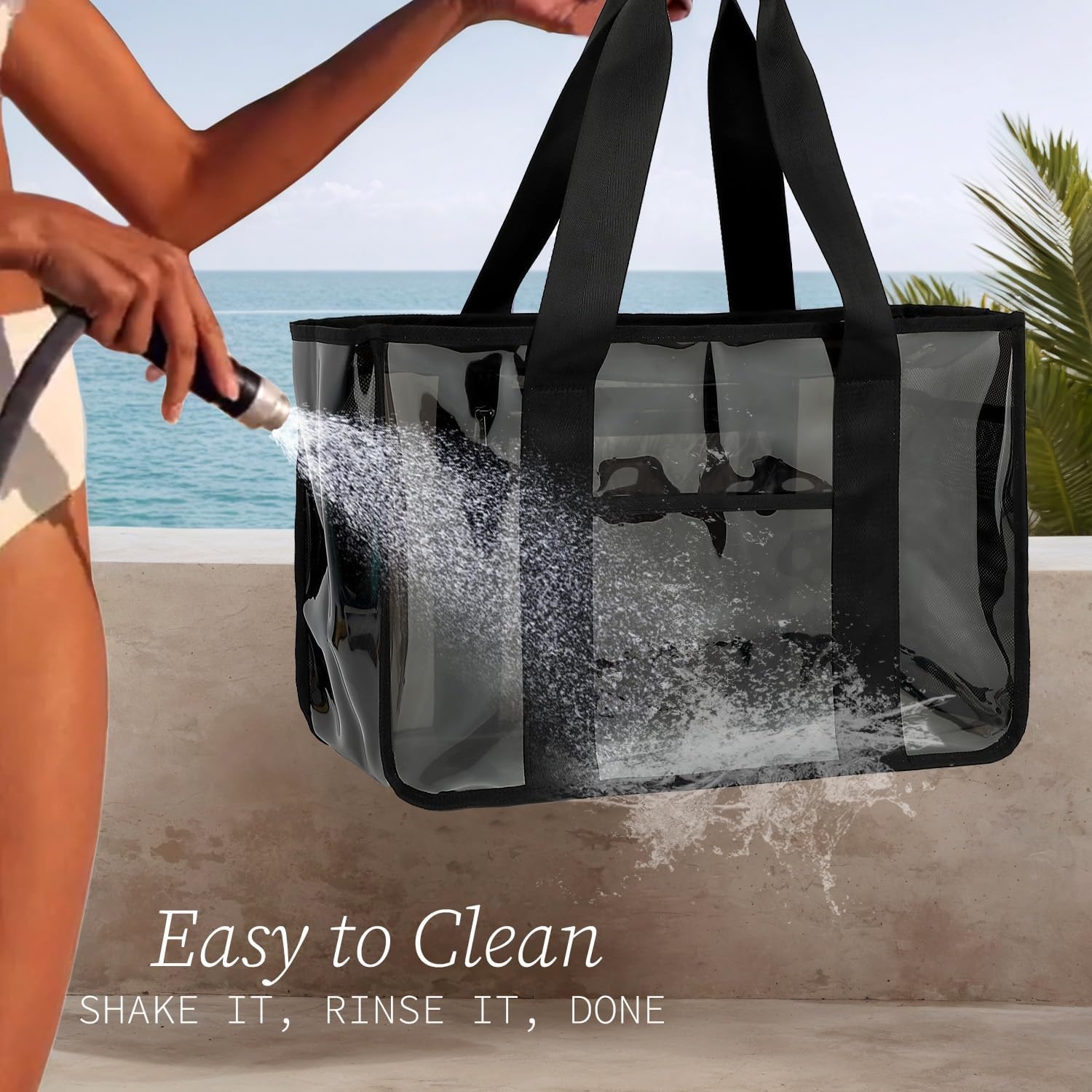image:imageFammart Iridescent Clear Beach Bags Waterproof Sandproof for Women Large Jelly Tote Zipper Pool Bag Cruise Essentials 2026Large Jelly Black