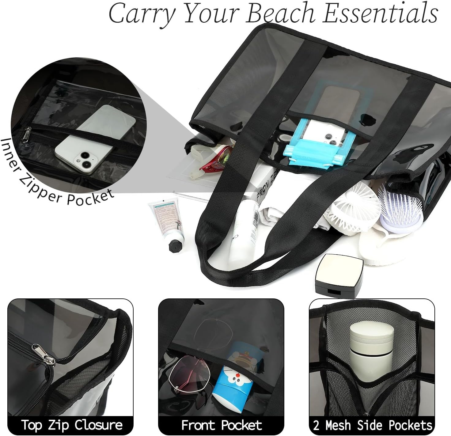image:imageFammart Iridescent Clear Beach Bags Waterproof Sandproof for Women Large Jelly Tote Zipper Pool Bag Cruise Essentials 2026Large Jelly Black