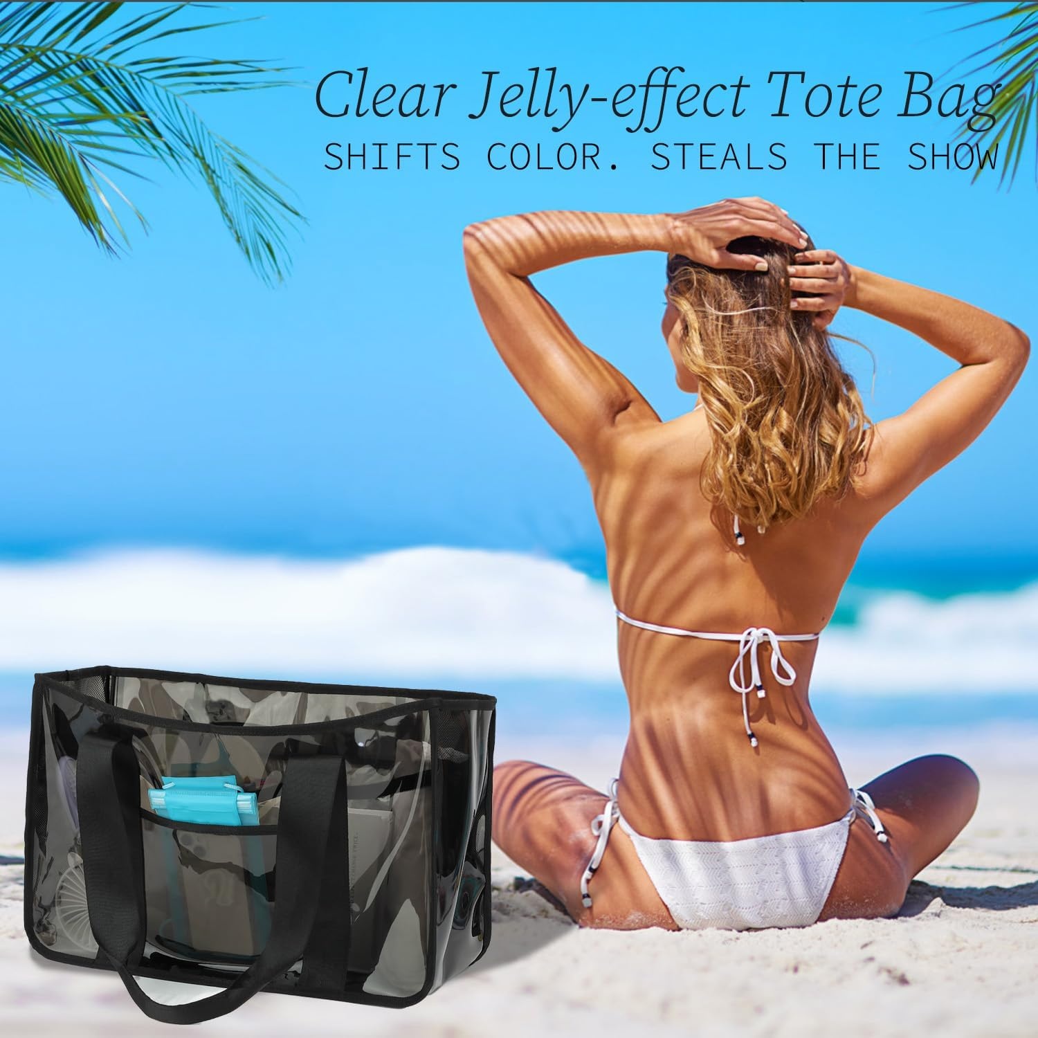 image:imageFammart Iridescent Clear Beach Bags Waterproof Sandproof for Women Large Jelly Tote Zipper Pool Bag Cruise Essentials 2026Large Jelly Black
