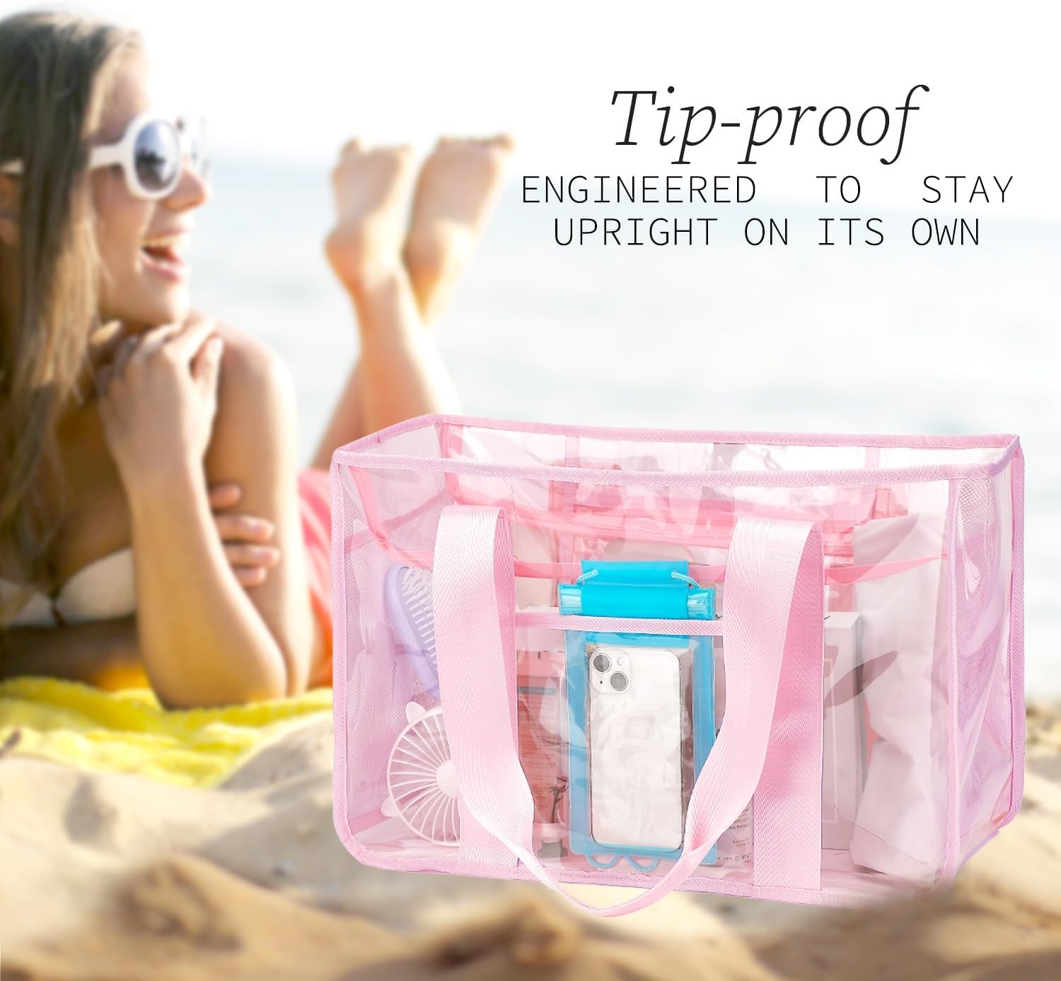 image:imageFammart Iridescent Clear Beach Bags Waterproof Sandproof for Women Large Jelly Tote Zipper Pool Bag Cruise Essentials 2026Large Jelly Pink