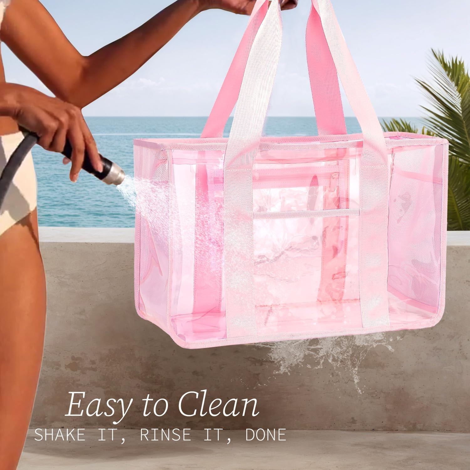 image:imageFammart Iridescent Clear Beach Bags Waterproof Sandproof for Women Large Jelly Tote Zipper Pool Bag Cruise Essentials 2026Large Jelly Pink