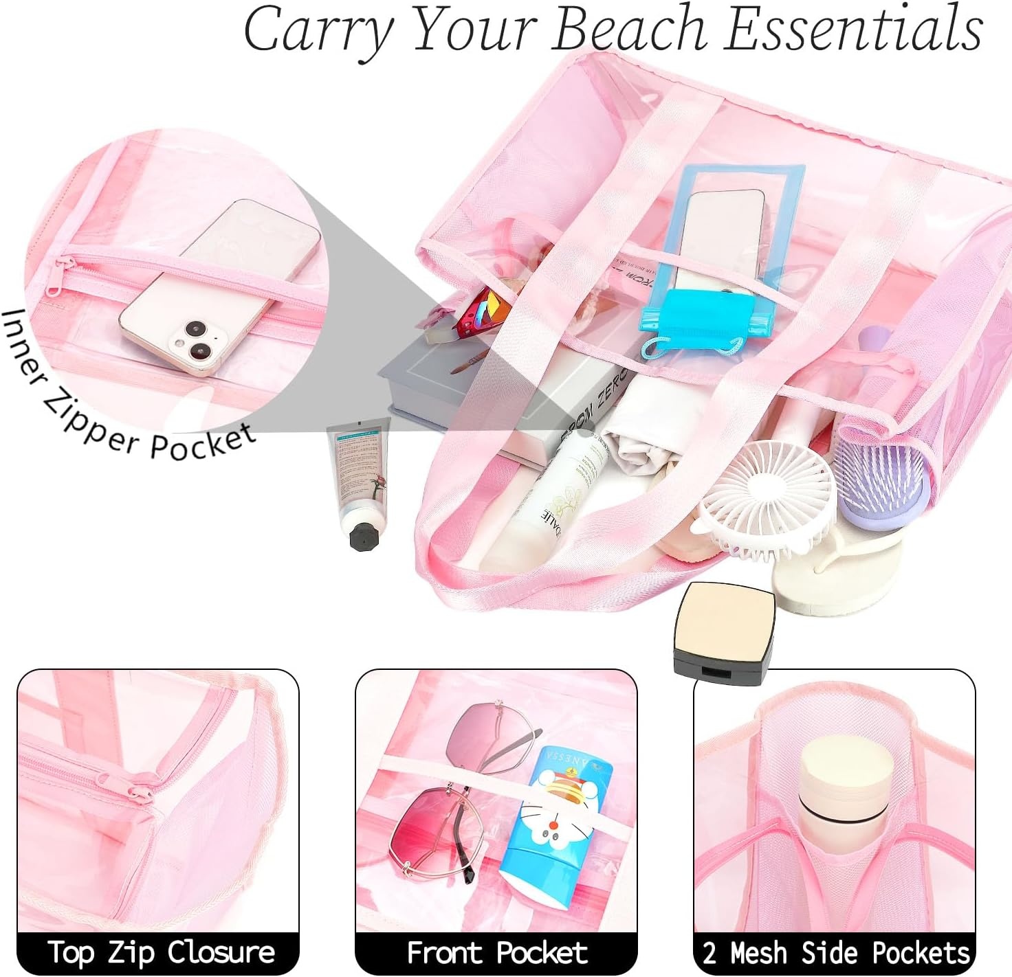 image:imageFammart Iridescent Clear Beach Bags Waterproof Sandproof for Women Large Jelly Tote Zipper Pool Bag Cruise Essentials 2026Large Jelly Pink