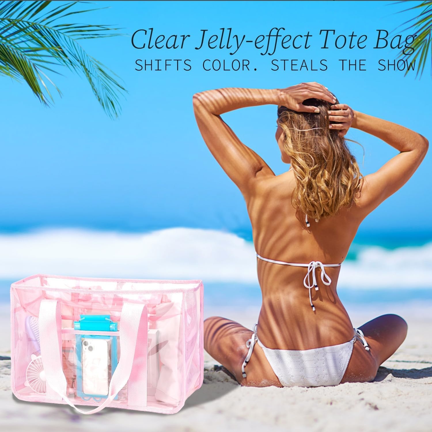 image:imageFammart Iridescent Clear Beach Bags Waterproof Sandproof for Women Large Jelly Tote Zipper Pool Bag Cruise Essentials 2026Large Jelly Pink