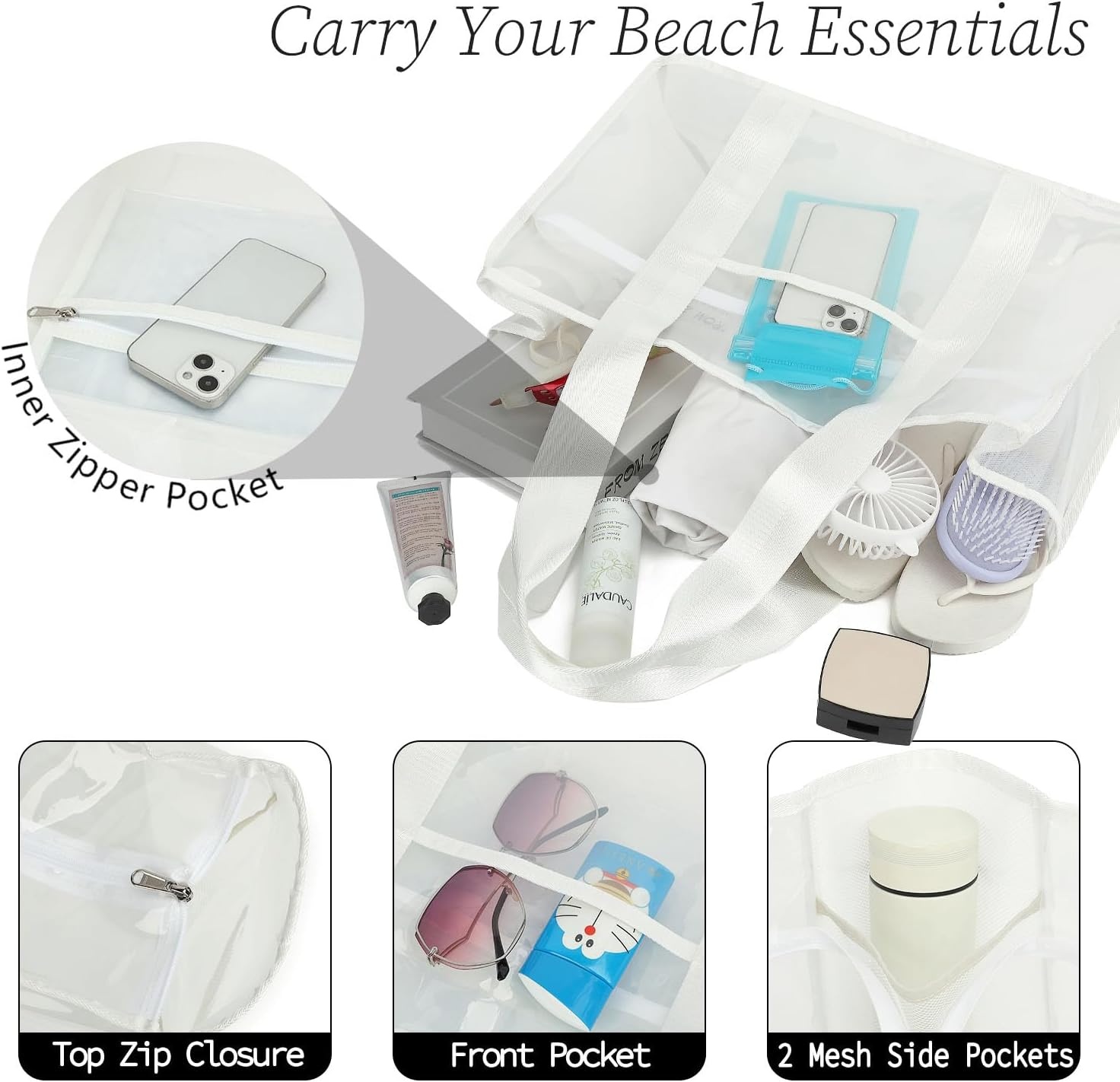 image:imageFammart Iridescent Clear Beach Bags Waterproof Sandproof for Women Large Jelly Tote Zipper Pool Bag Cruise Essentials 2026Large Jelly White