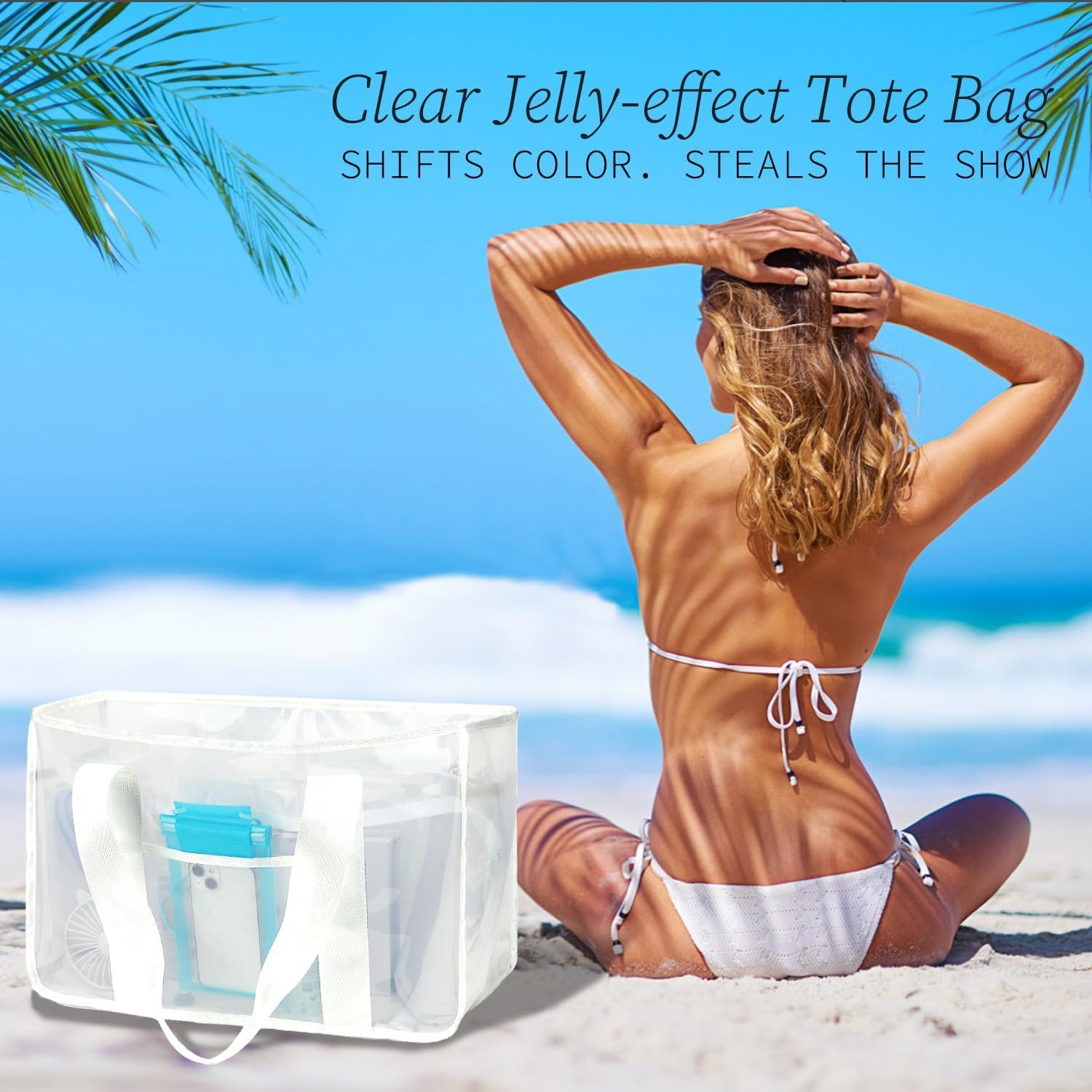image:imageFammart Iridescent Clear Beach Bags Waterproof Sandproof for Women Large Jelly Tote Zipper Pool Bag Cruise Essentials 2026Large Jelly White