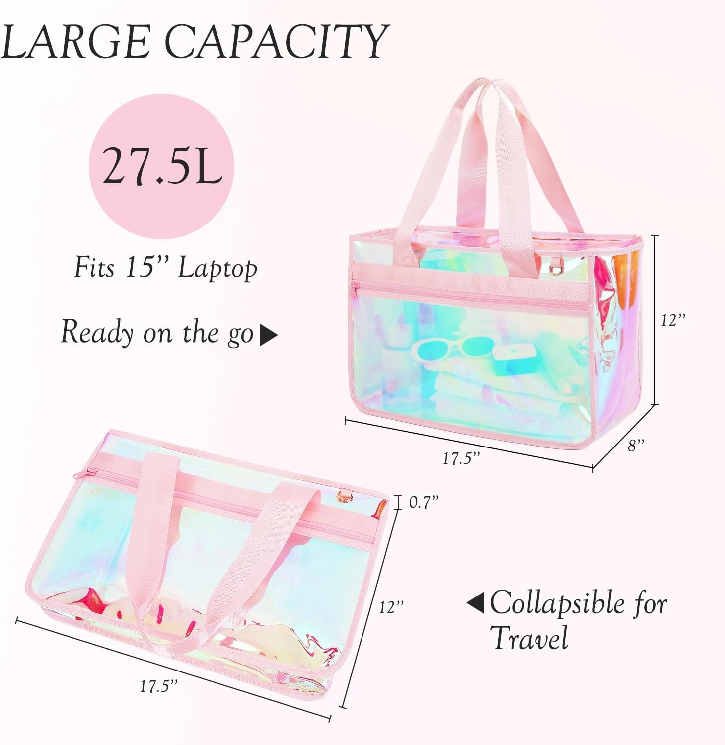image:imageFammart Iridescent Clear Beach Bags Waterproof Sandproof for Women Large Jelly Tote Zipper Pool Bag Cruise Essentials 2026Large B Iridesent Pink