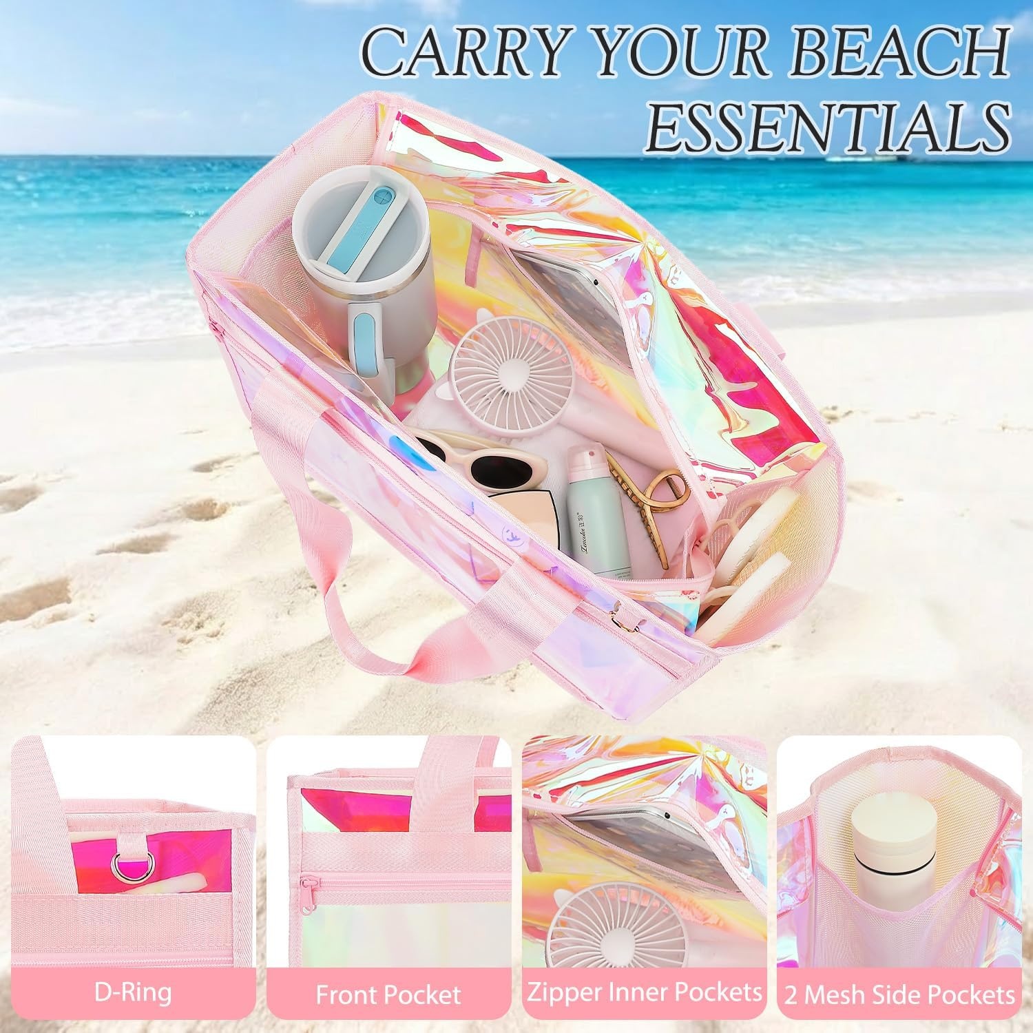 image:imageFammart Iridescent Clear Beach Bags Waterproof Sandproof for Women Large Jelly Tote Zipper Pool Bag Cruise Essentials 2026Large B Iridesent Pink