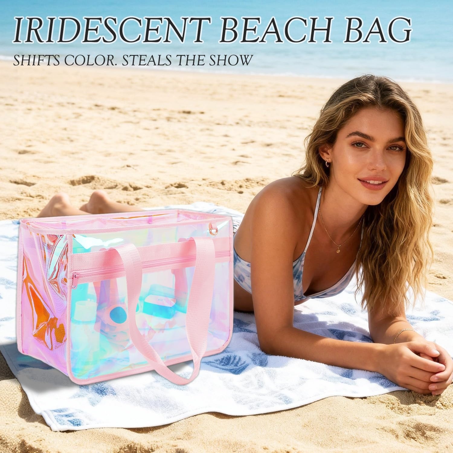 image:imageFammart Iridescent Clear Beach Bags Waterproof Sandproof for Women Large Jelly Tote Zipper Pool Bag Cruise Essentials 2026Large B Iridesent Pink