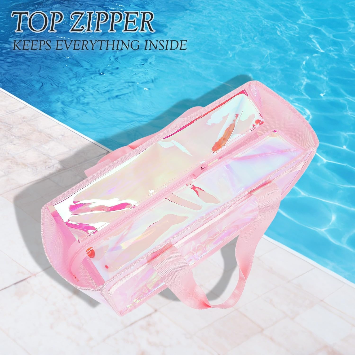 image:imageFammart Iridescent Clear Beach Bags Waterproof Sandproof for Women Large Jelly Tote Zipper Pool Bag Cruise Essentials 2026Large B Iridesent Pink