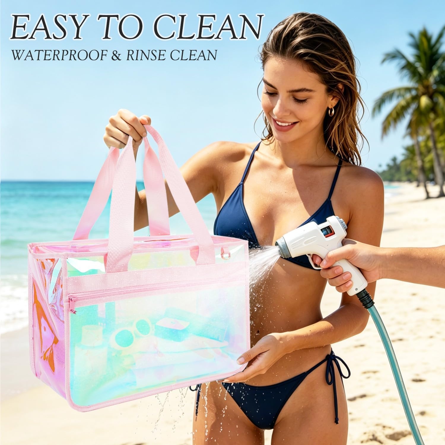 image:imageFammart Iridescent Clear Beach Bags Waterproof Sandproof for Women Large Jelly Tote Zipper Pool Bag Cruise Essentials 2026Large B Iridesent Pink