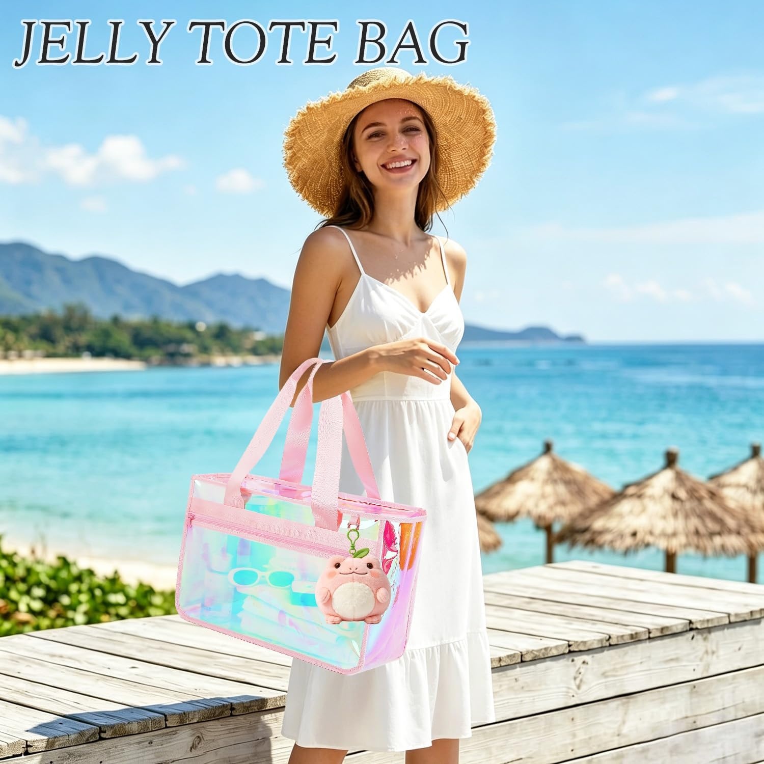 image:imageFammart Iridescent Clear Beach Bags Waterproof Sandproof for Women Large Jelly Tote Zipper Pool Bag Cruise Essentials 2026Large B Iridesent Pink