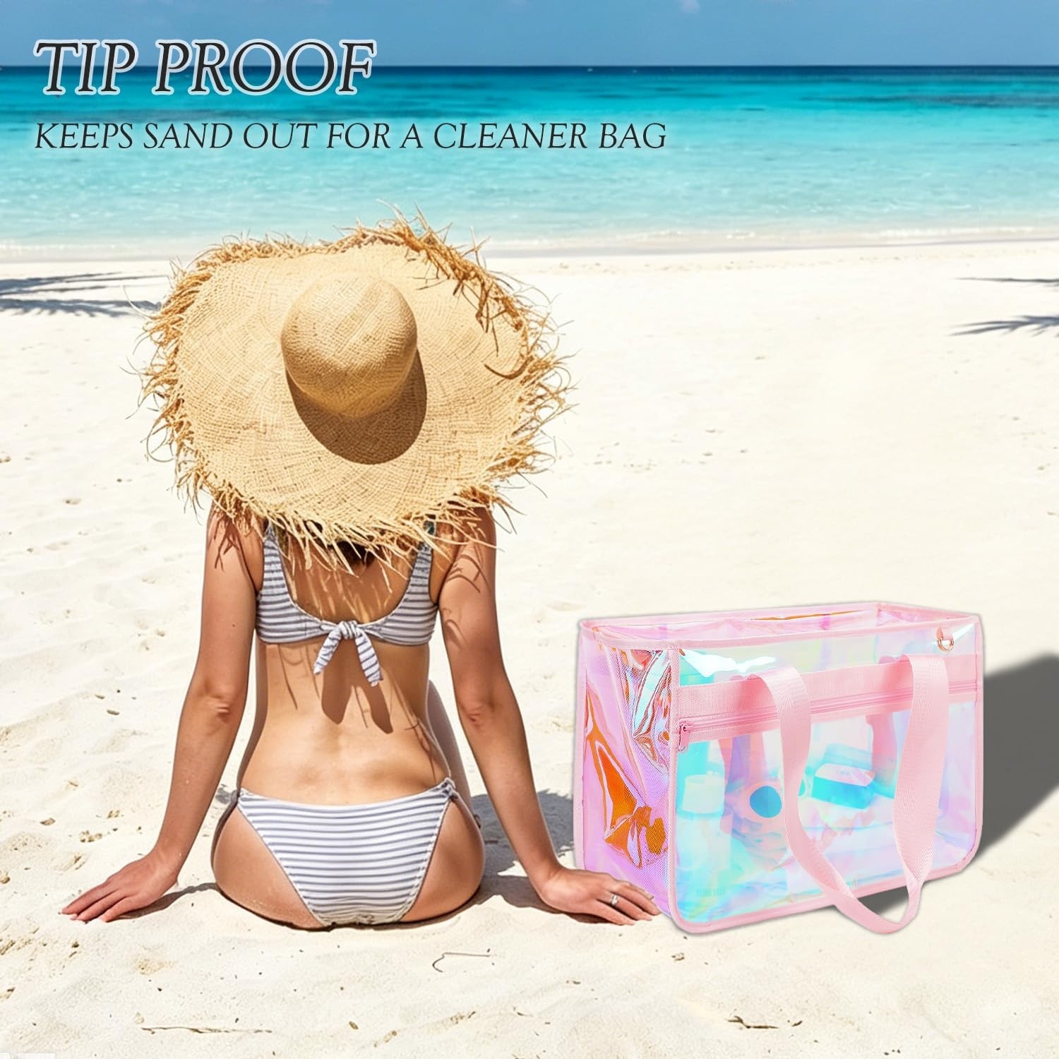 image:imageFammart Iridescent Clear Beach Bags Waterproof Sandproof for Women Large Jelly Tote Zipper Pool Bag Cruise Essentials 2026Large B Iridesent Pink