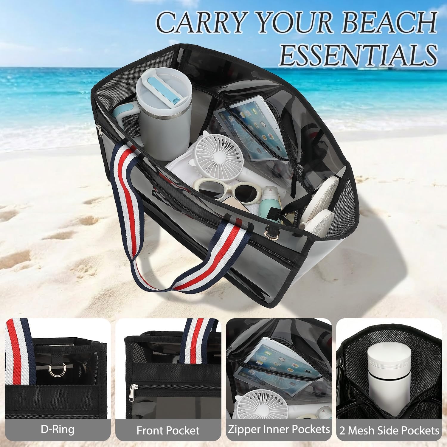 image:imageFammart Iridescent Clear Beach Bags Waterproof Sandproof for Women Large Jelly Tote Zipper Pool Bag Cruise Essentials 2026Large B Jelly Black