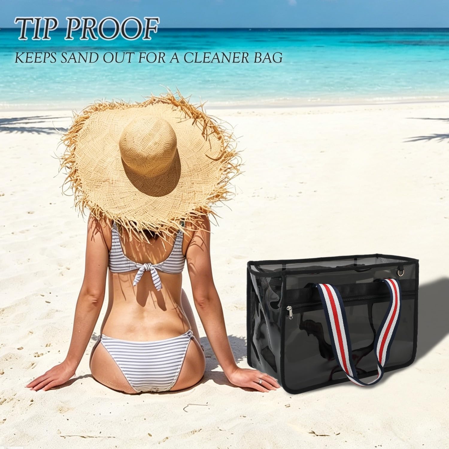 image:imageFammart Iridescent Clear Beach Bags Waterproof Sandproof for Women Large Jelly Tote Zipper Pool Bag Cruise Essentials 2026Large B Jelly Black