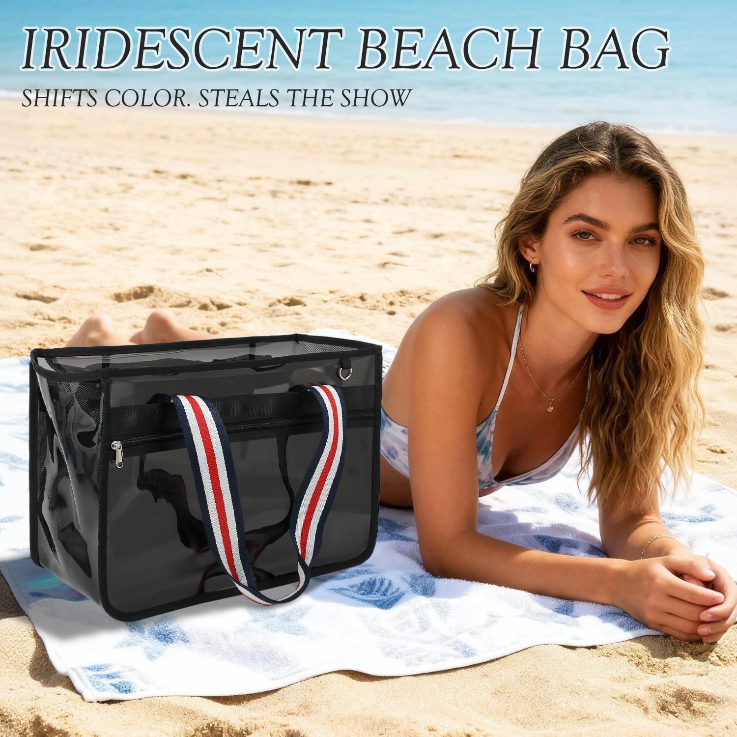 image:imageFammart Iridescent Clear Beach Bags Waterproof Sandproof for Women Large Jelly Tote Zipper Pool Bag Cruise Essentials 2026Large B Jelly Black