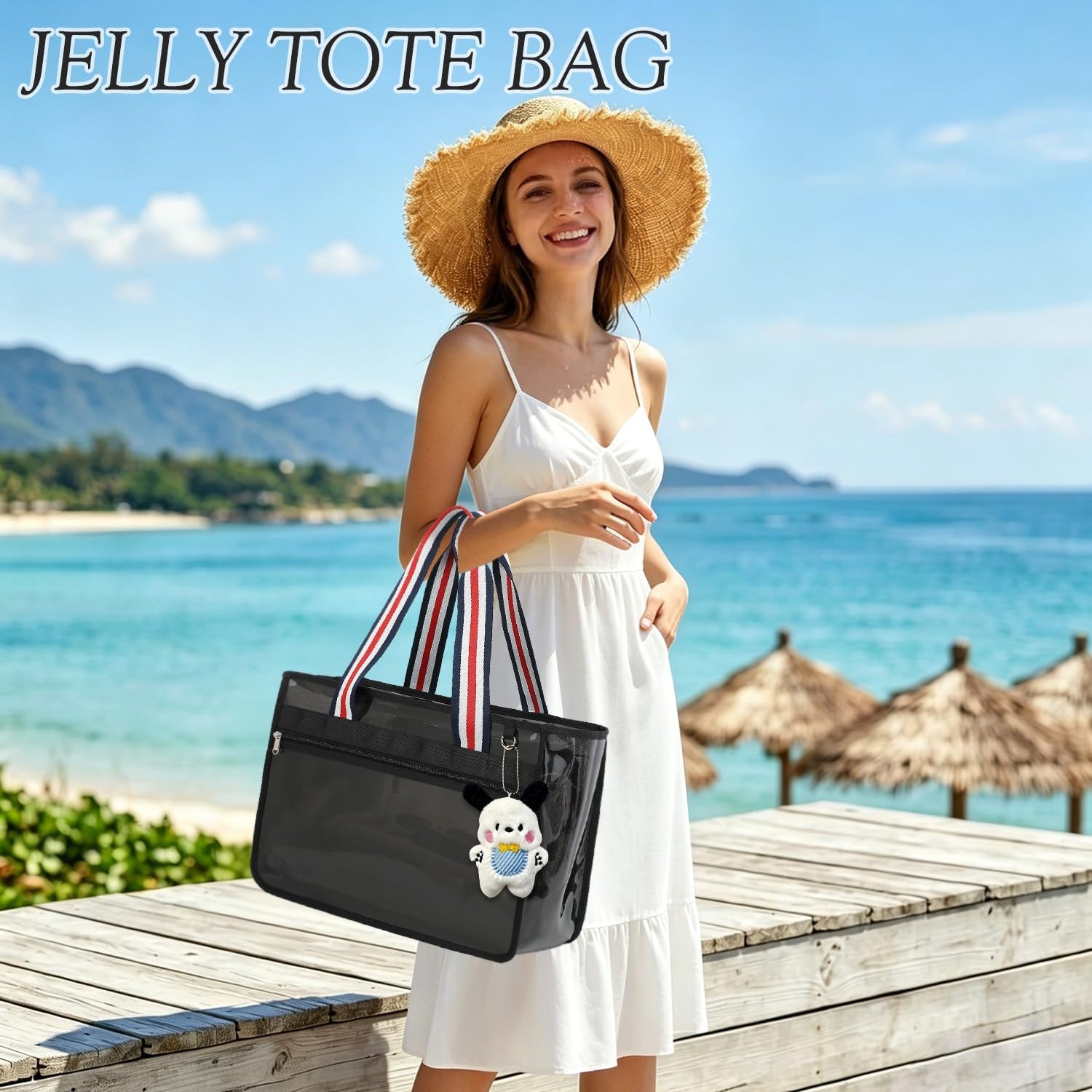 image:imageFammart Iridescent Clear Beach Bags Waterproof Sandproof for Women Large Jelly Tote Zipper Pool Bag Cruise Essentials 2026Large B Jelly Black