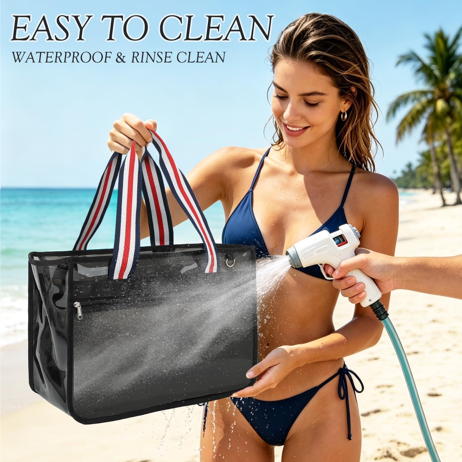 image:imageFammart Iridescent Clear Beach Bags Waterproof Sandproof for Women Large Jelly Tote Zipper Pool Bag Cruise Essentials 2026Large B Jelly Black