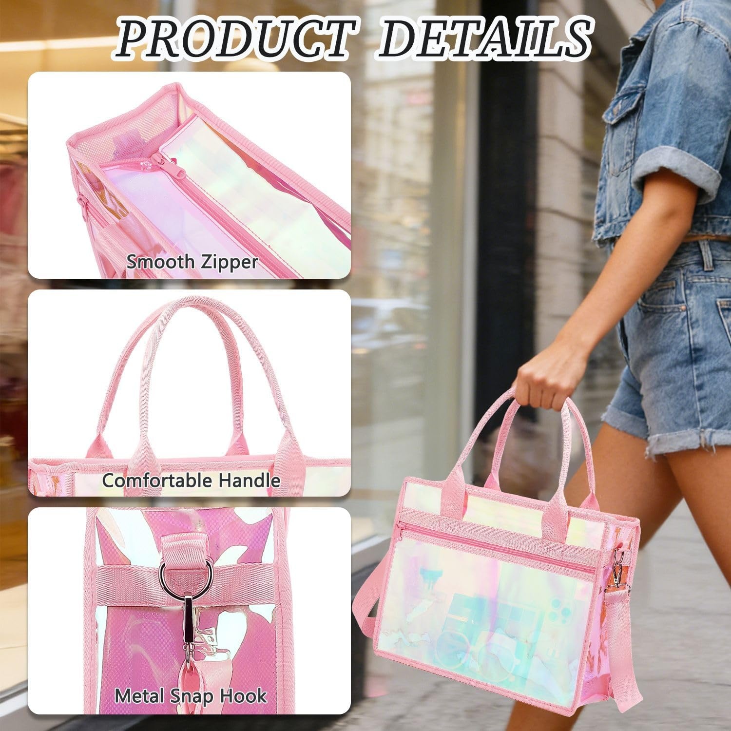 image:imageFammart Iridescent Clear Beach Bags Waterproof Sandproof for Women Large Jelly Tote Zipper Pool Bag Cruise Essentials 2026Small Iridesent Pink