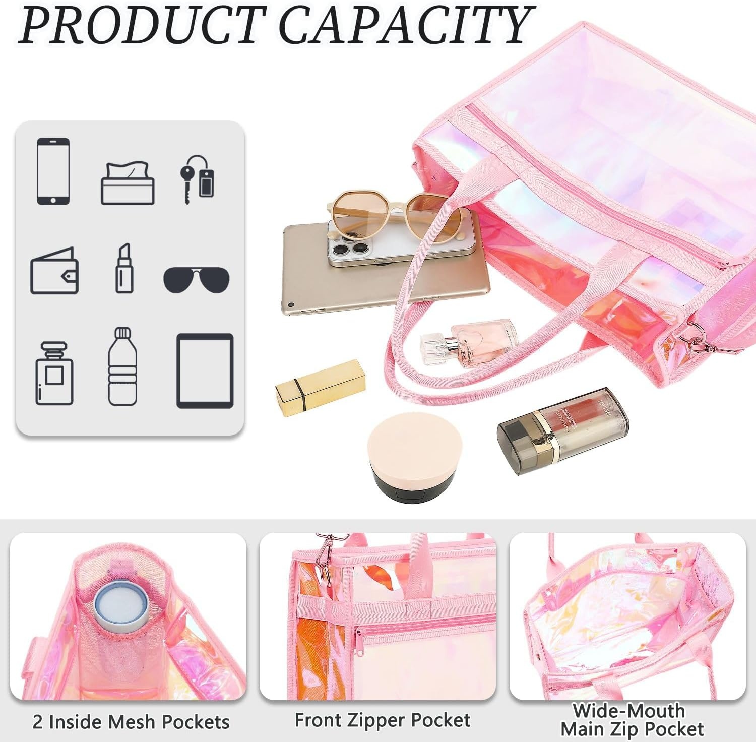 image:imageFammart Iridescent Clear Beach Bags Waterproof Sandproof for Women Large Jelly Tote Zipper Pool Bag Cruise Essentials 2026Small Iridesent Pink