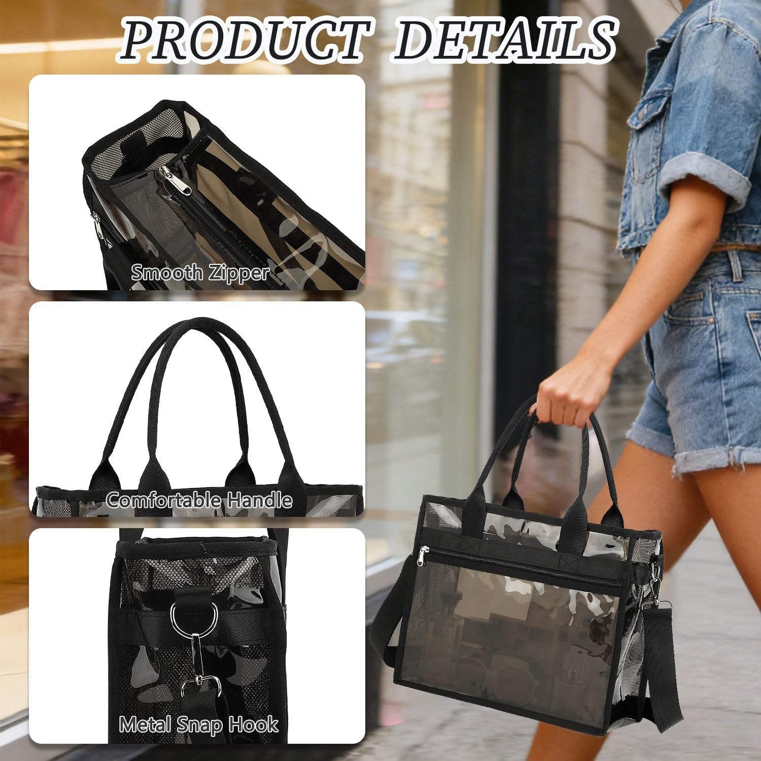 image:imageFammart Iridescent Clear Beach Bags Waterproof Sandproof for Women Large Jelly Tote Zipper Pool Bag Cruise Essentials 2026Small Jelly Black