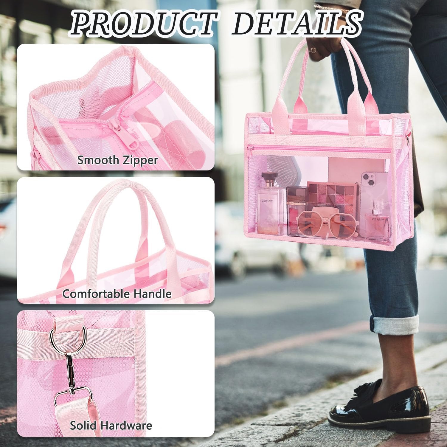 image:imageFammart Iridescent Clear Beach Bags Waterproof Sandproof for Women Large Jelly Tote Zipper Pool Bag Cruise Essentials 2026Small Jelly Pink