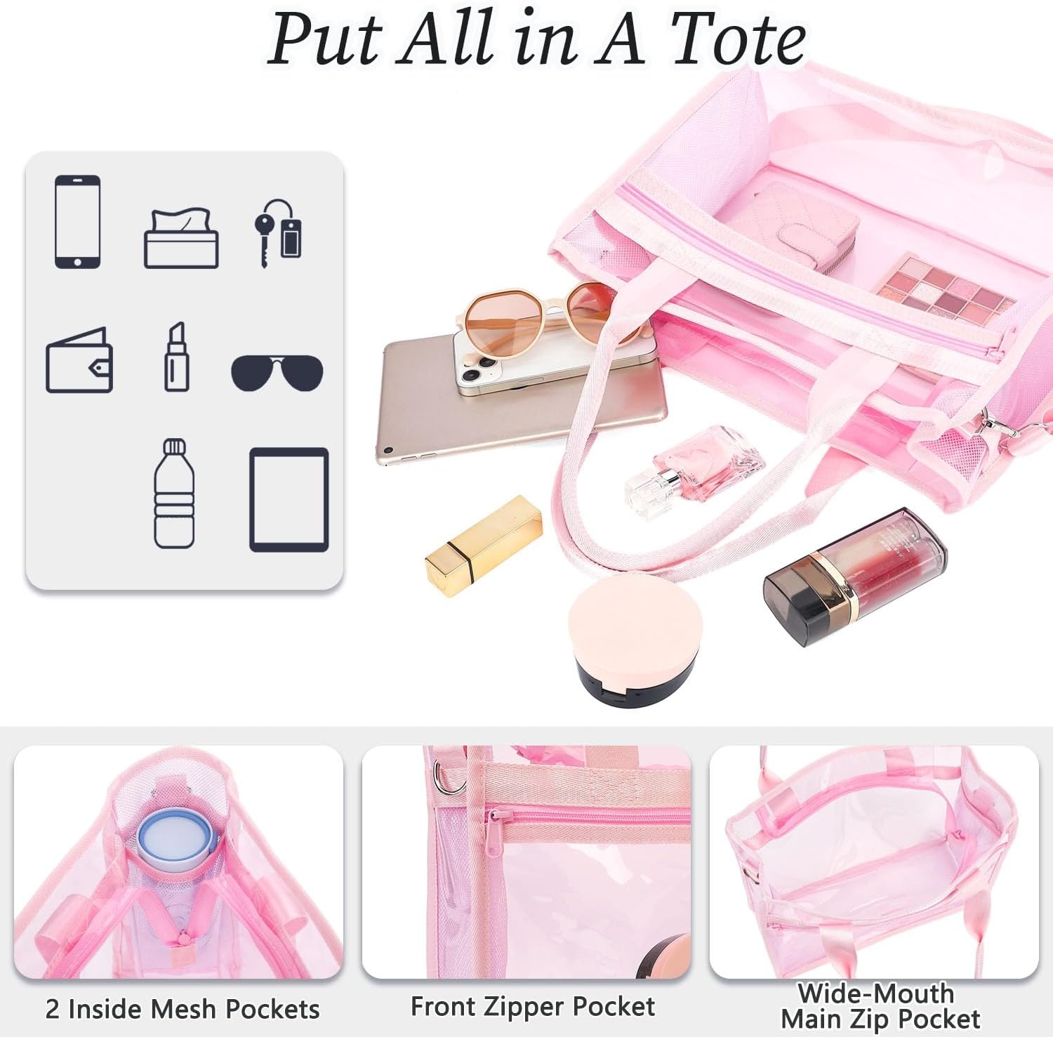 image:imageFammart Iridescent Clear Beach Bags Waterproof Sandproof for Women Large Jelly Tote Zipper Pool Bag Cruise Essentials 2026Small Jelly Pink
