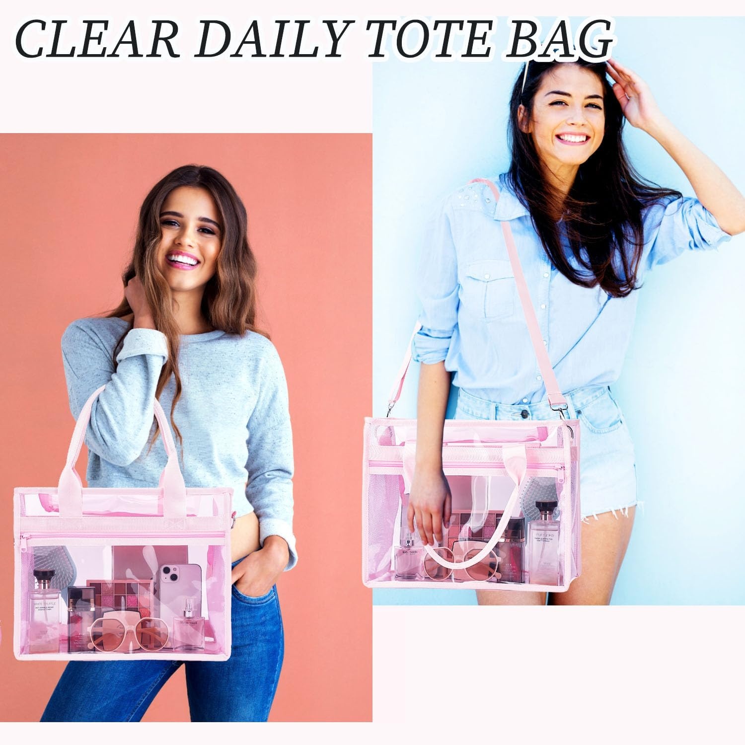 image:imageFammart Iridescent Clear Beach Bags Waterproof Sandproof for Women Large Jelly Tote Zipper Pool Bag Cruise Essentials 2026Small Jelly Pink