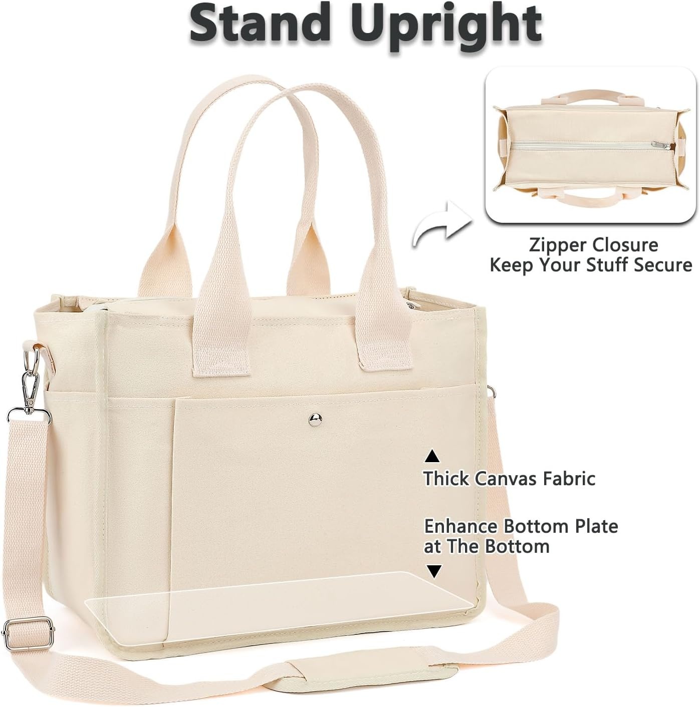 image:imageFammart Large Canvas Tote Bag for Women with Zipper amp Compartments Crossbody Laptop Bags for Work College TravelCrossbody Beige