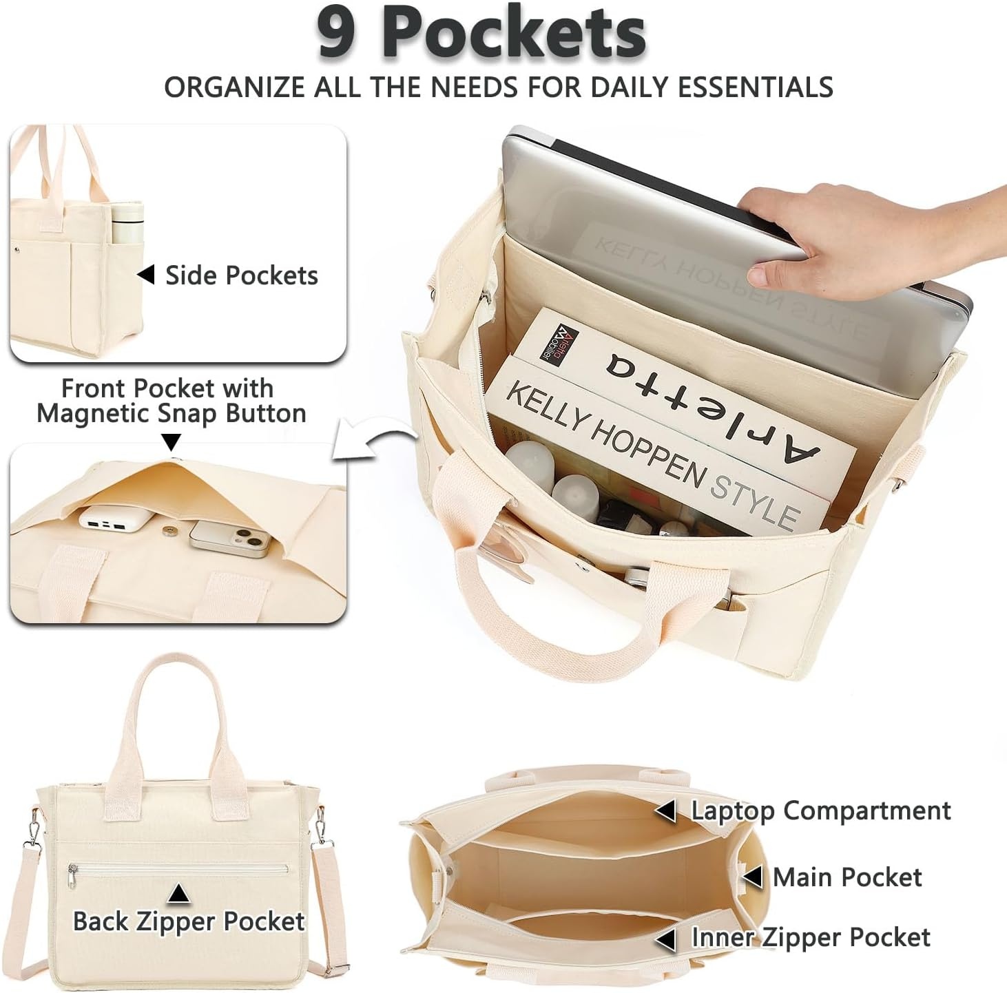 image:imageFammart Large Canvas Tote Bag for Women with Zipper amp Compartments Crossbody Laptop Bags for Work College TravelCrossbody Beige